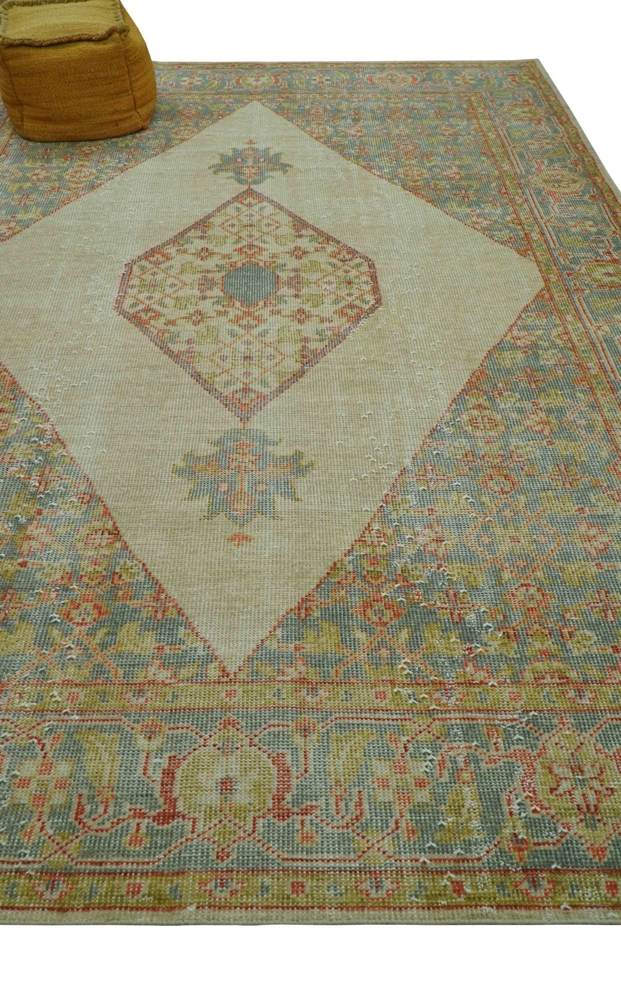 Custom Made Turkish Design Beige and Blue Hand Knotted Wool Rug - Image 3
