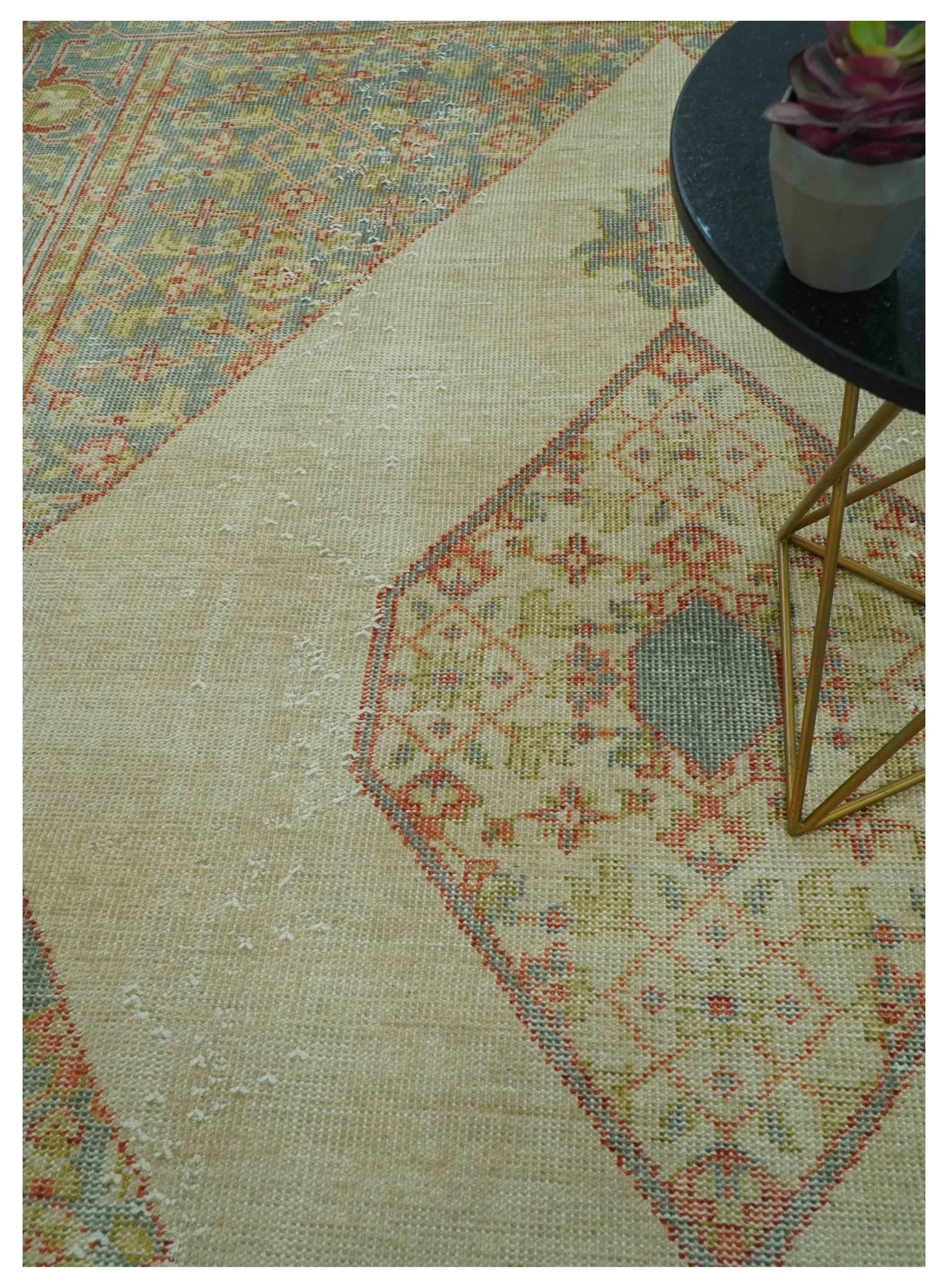 Custom Made Turkish Design Beige and Blue Hand Knotted Wool Rug - Image 4