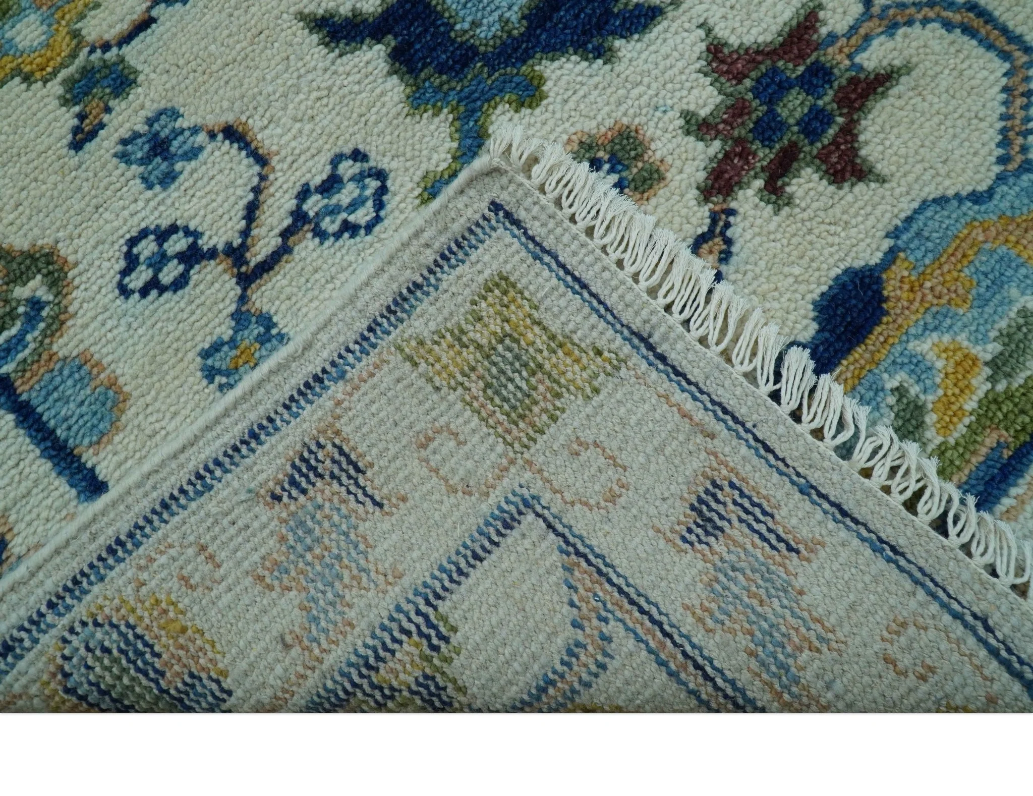Custom Made Traditional Oushak Design Ivory And Blue Hand Knotted Wool Area Rug - Image 5