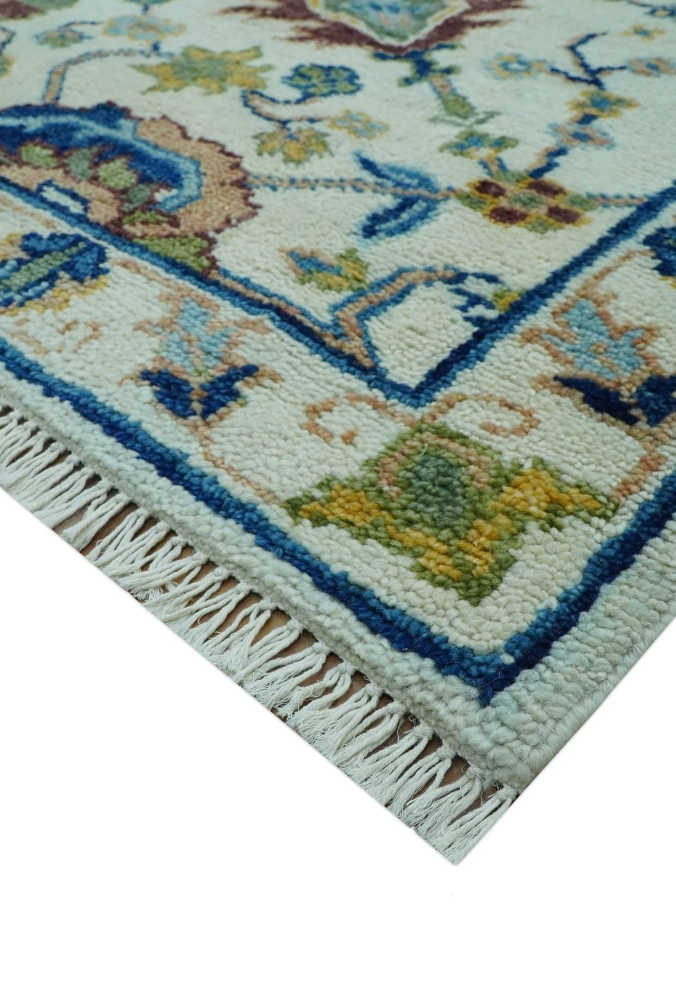 Custom Made Traditional Oushak Design Ivory And Blue Hand Knotted Wool Area Rug - Image 9