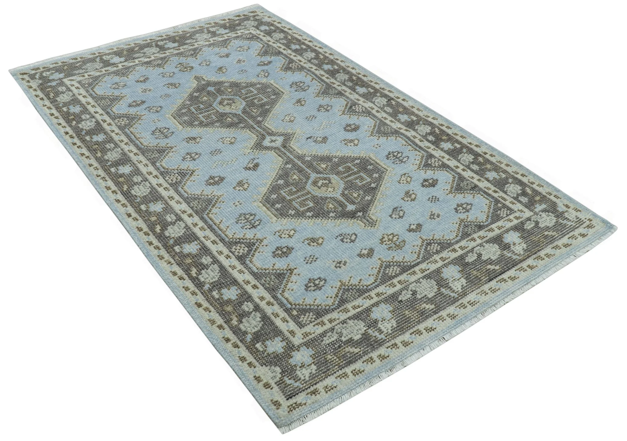 Custom Made Traditional Turkish design Blue And Brown Hand Knotted Wool Area Rug - Image 10
