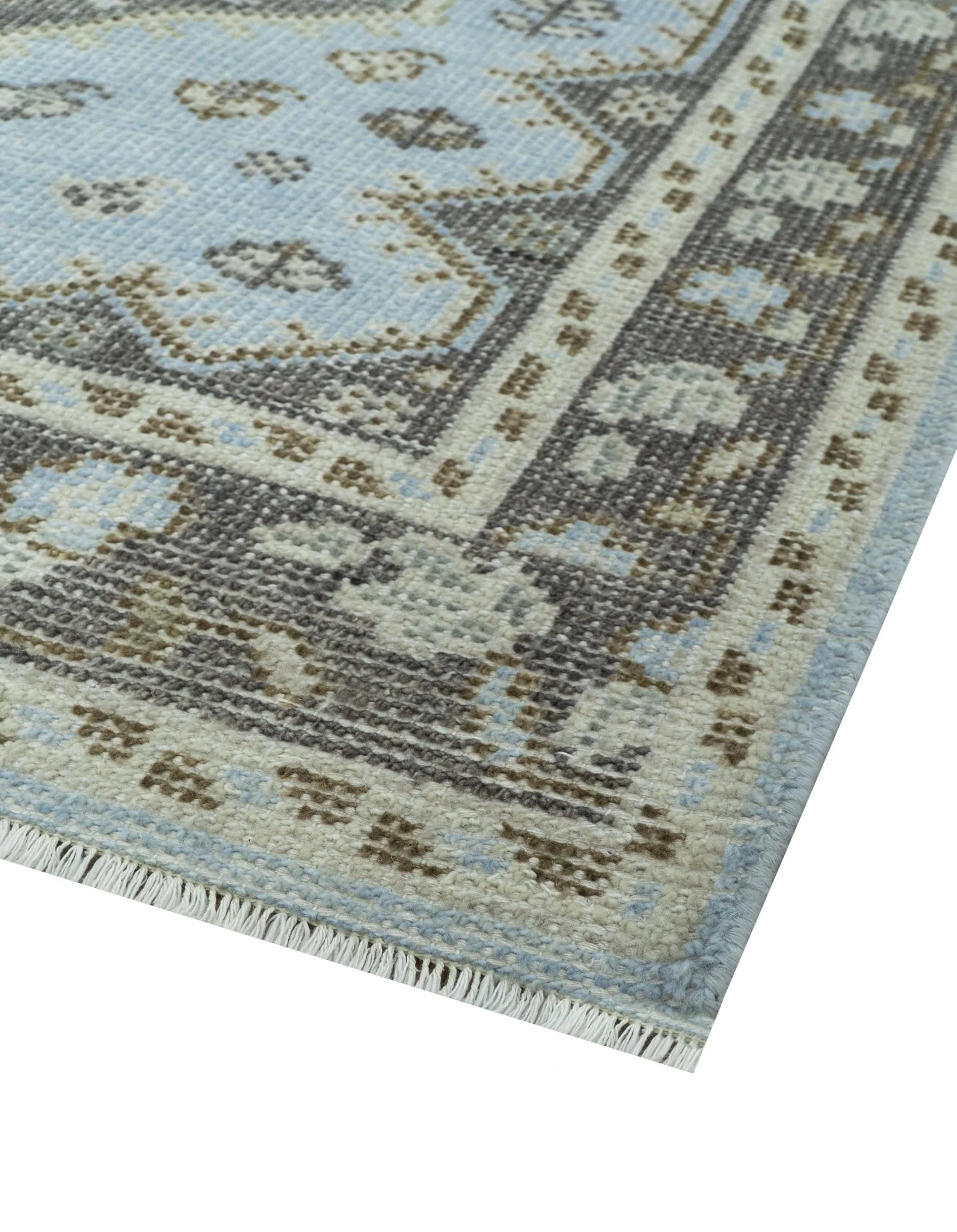 Custom Made Traditional Turkish design Blue And Brown Hand Knotted Wool Area Rug - Image 4