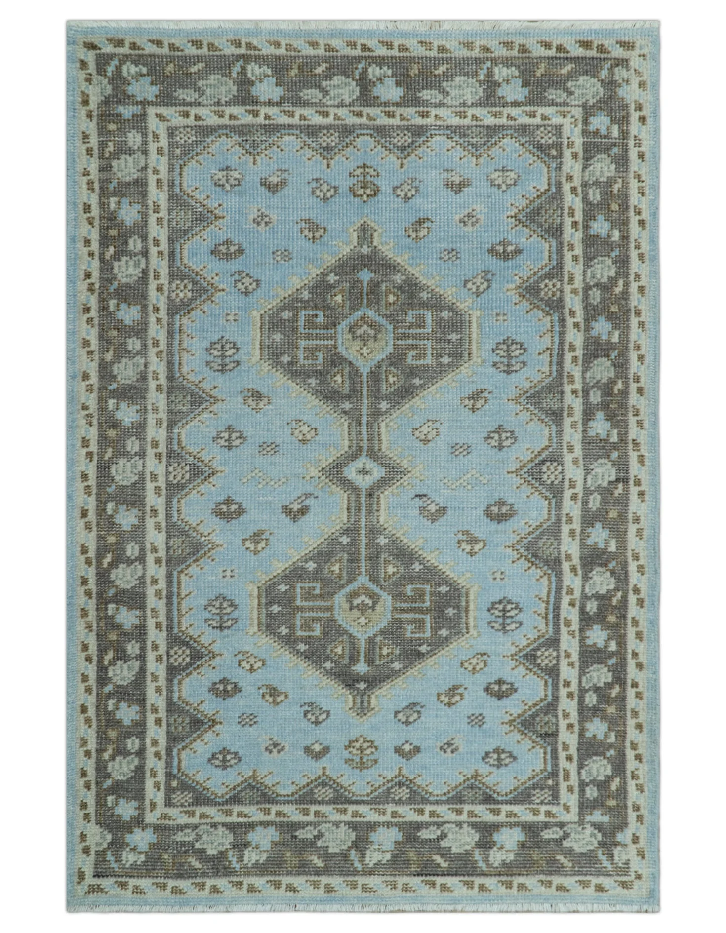 Custom Made Traditional Turkish design Blue And Brown Hand Knotted Wool Area Rug - Image 8