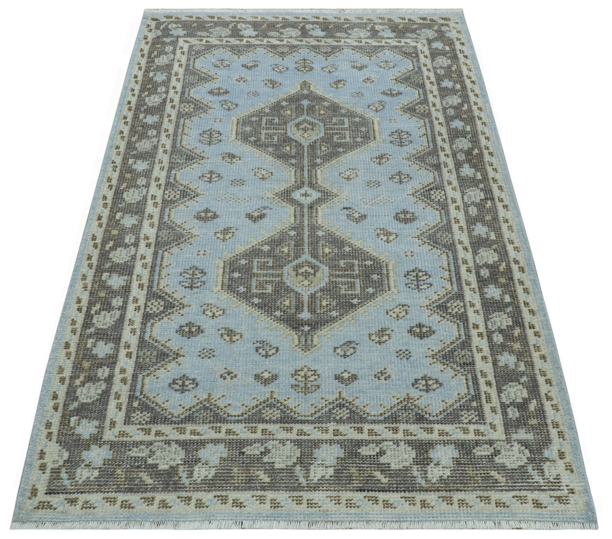 Custom Made Traditional Turkish design Blue And Brown Hand Knotted Wool Area Rug - Image 9