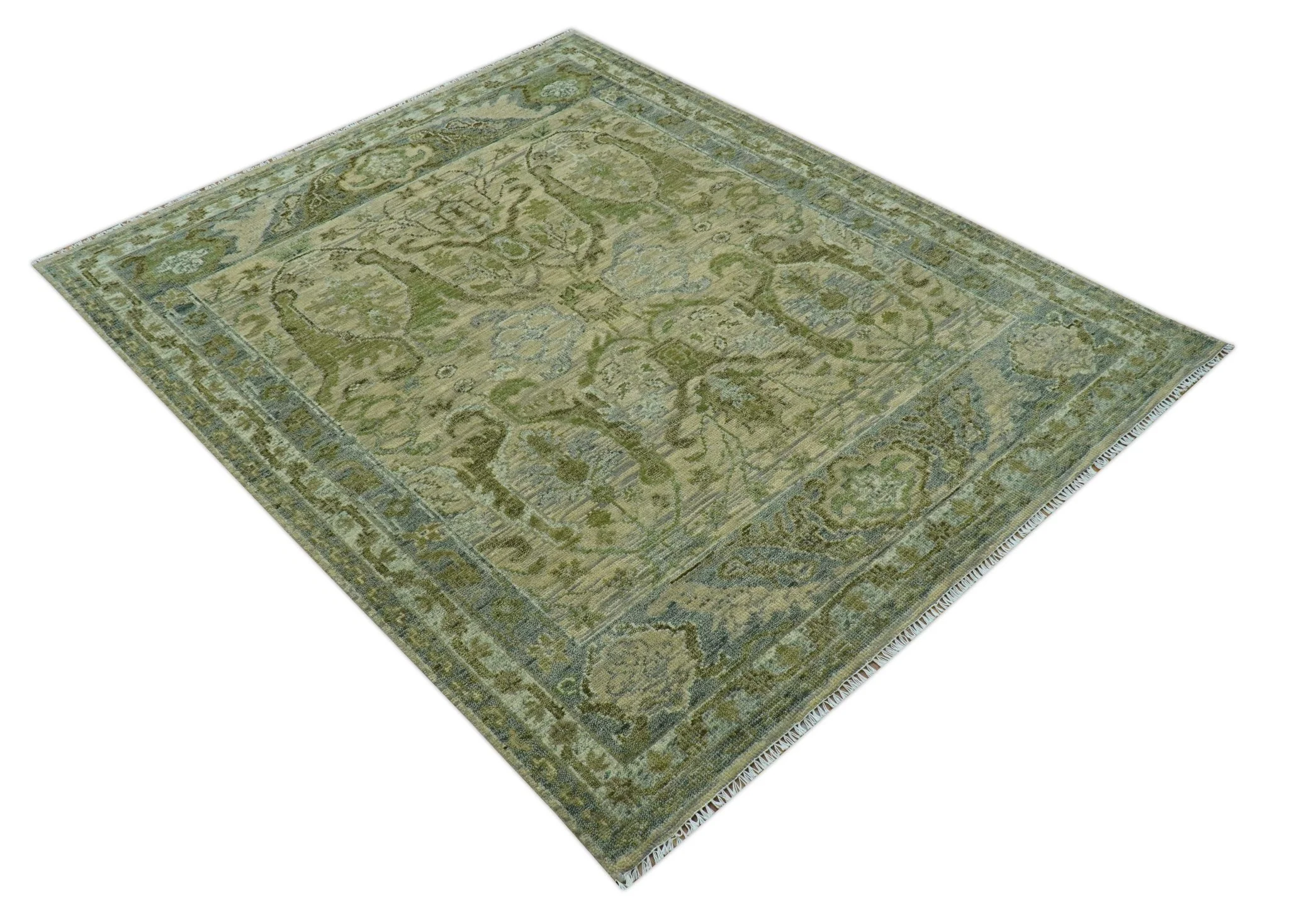 Custom Made Transitional Beige, Green and Blue Hand Knotted wool area rug - Image 10
