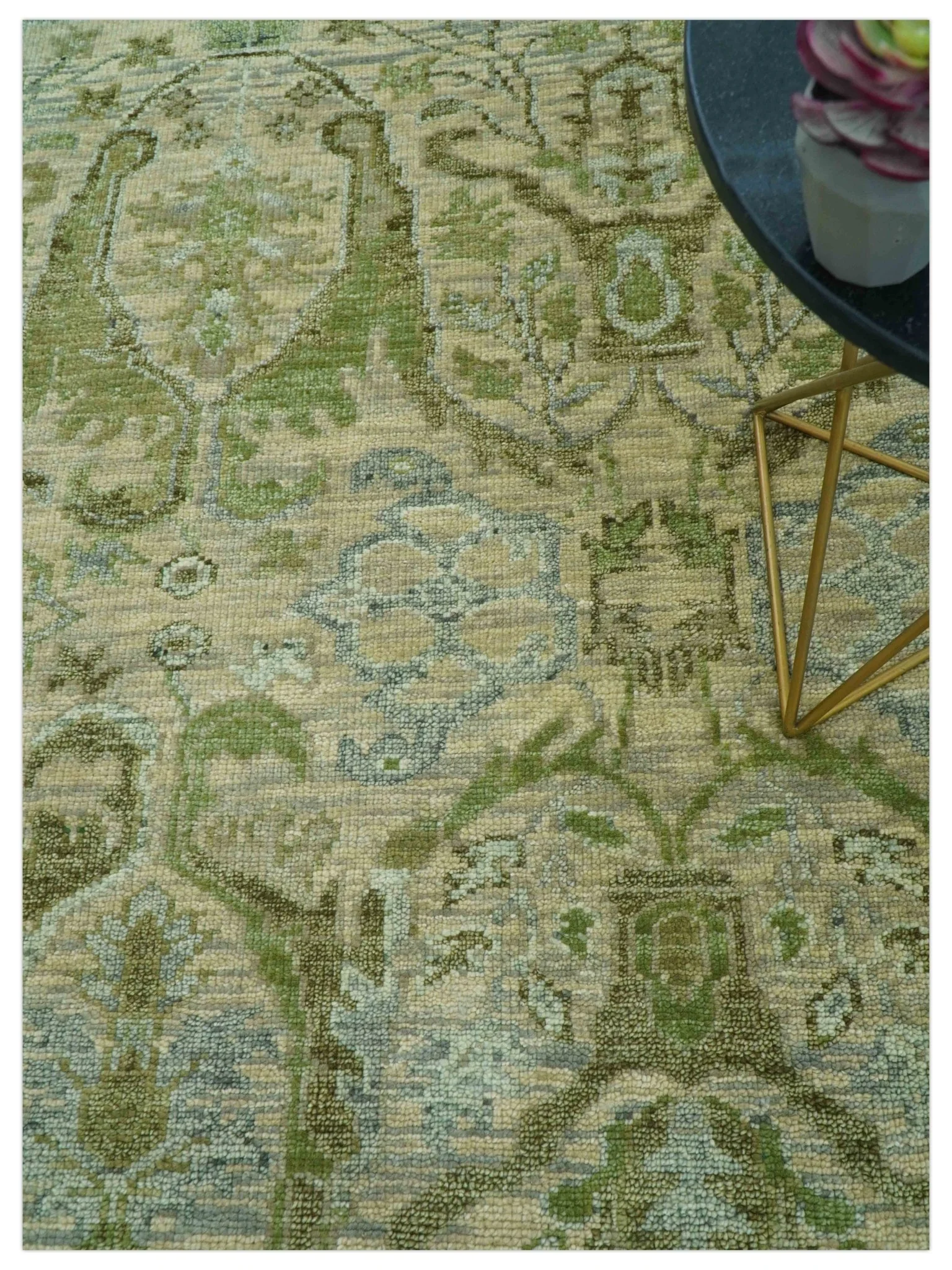 Custom Made Transitional Beige, Green and Blue Hand Knotted wool area rug - Image 2