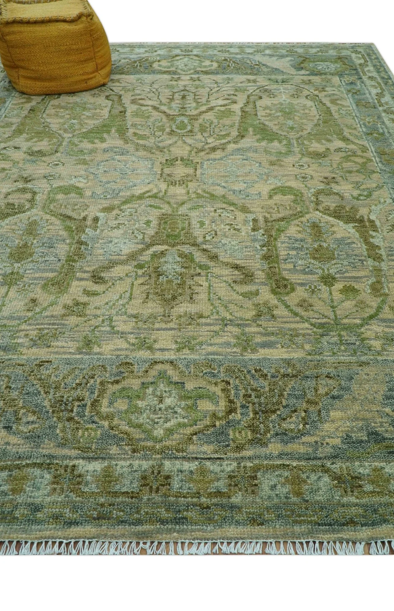 Custom Made Transitional Beige, Green and Blue Hand Knotted wool area rug - Image 3
