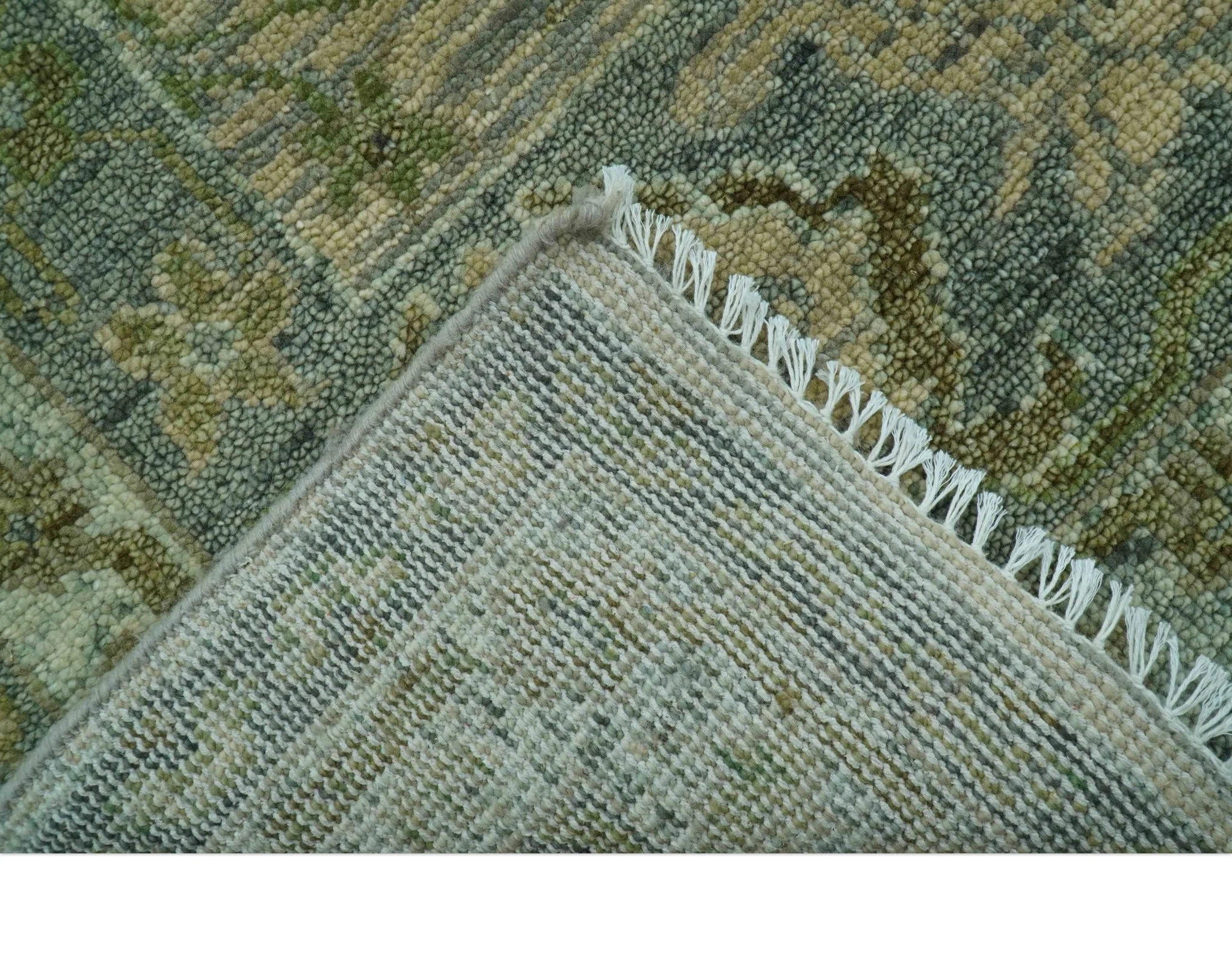 Custom Made Transitional Beige, Green and Blue Hand Knotted wool area rug - Image 4