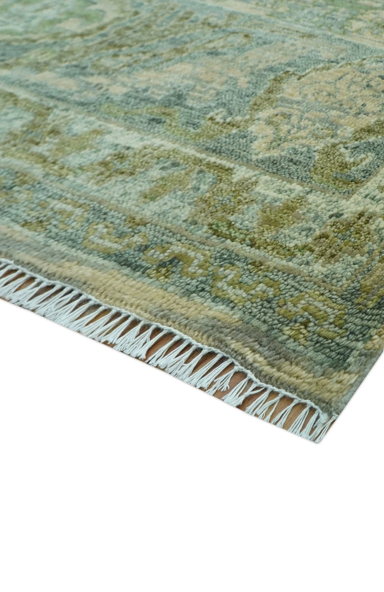 Custom Made Transitional Beige, Green and Blue Hand Knotted wool area rug - Image 5