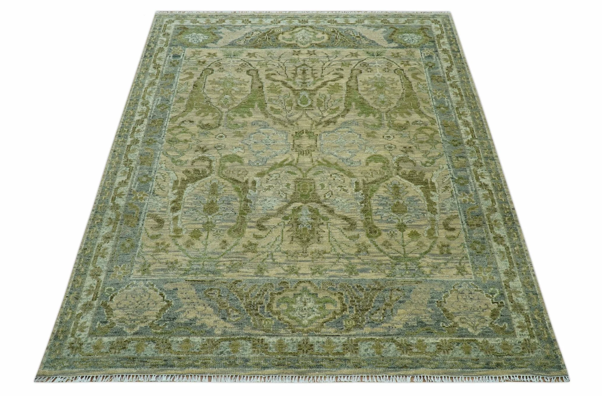 Custom Made Transitional Beige, Green and Blue Hand Knotted wool area rug - Image 9