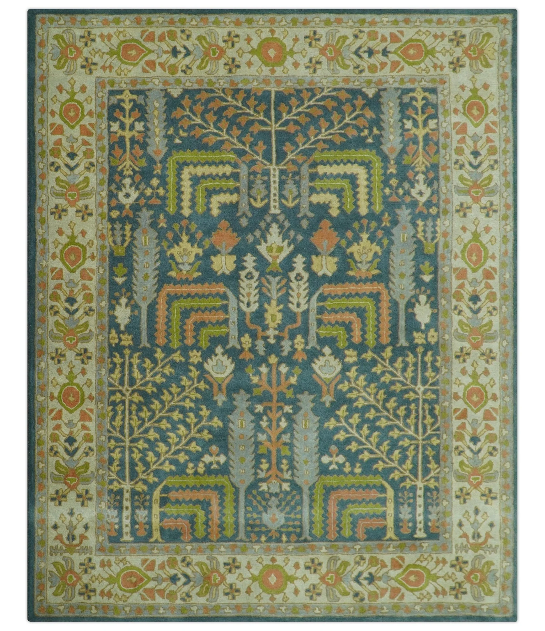 Custom Made Tree of Life Beige And Teal Floral Design Hand Tufted  Wool Area Rug - Image 10