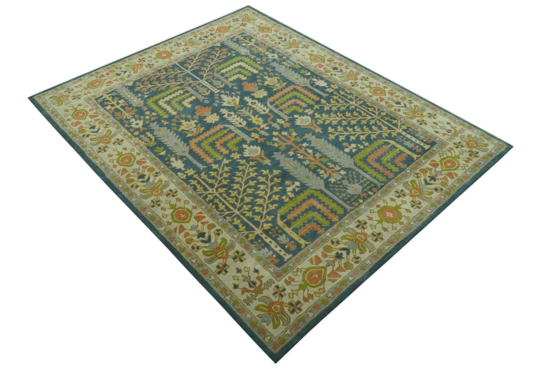 Custom Made Tree of Life Beige And Teal Floral Design Hand Tufted  Wool Area Rug - Image 11