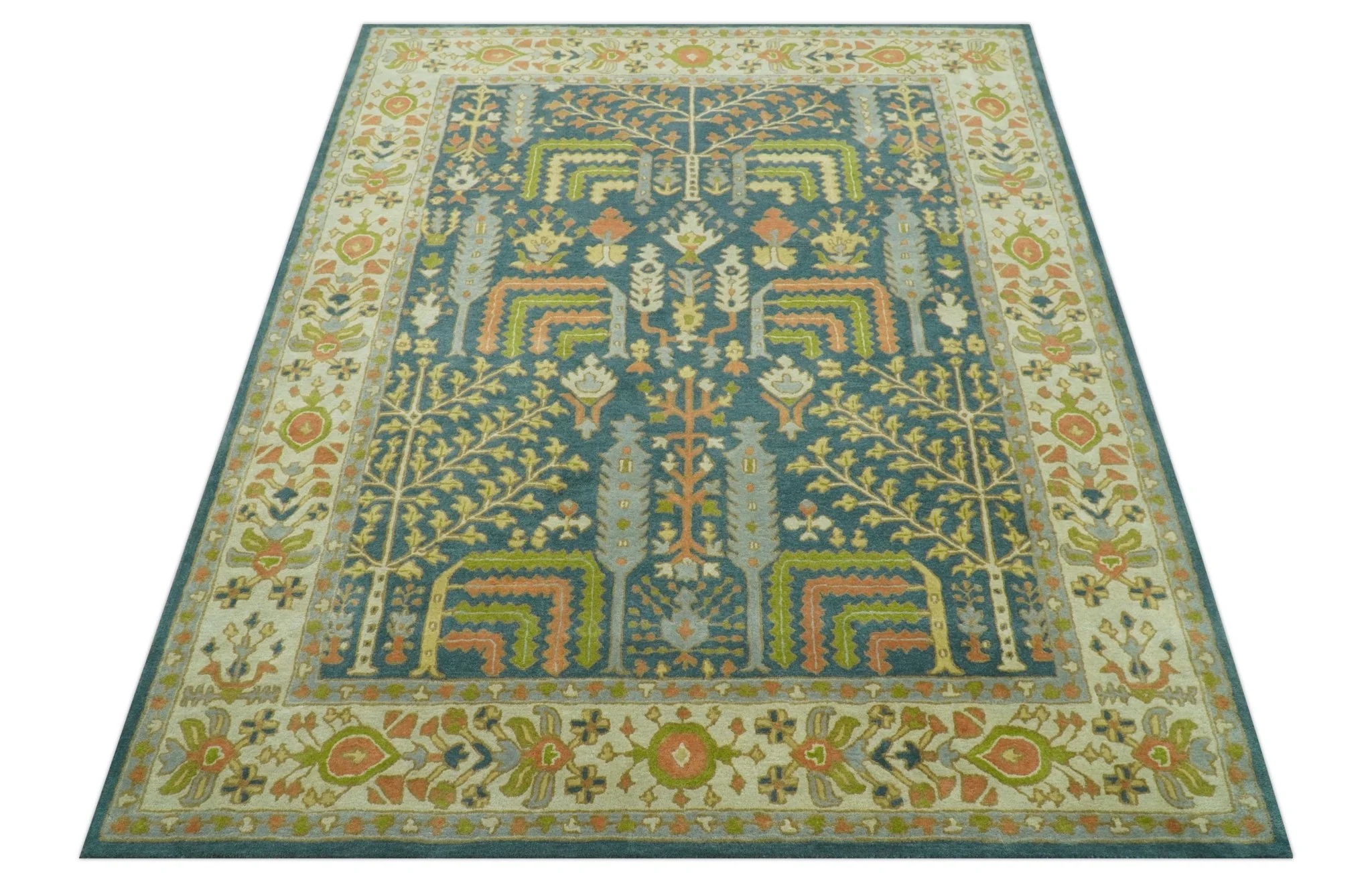 Custom Made Tree of Life Beige And Teal Floral Design Hand Tufted  Wool Area Rug - Image 12
