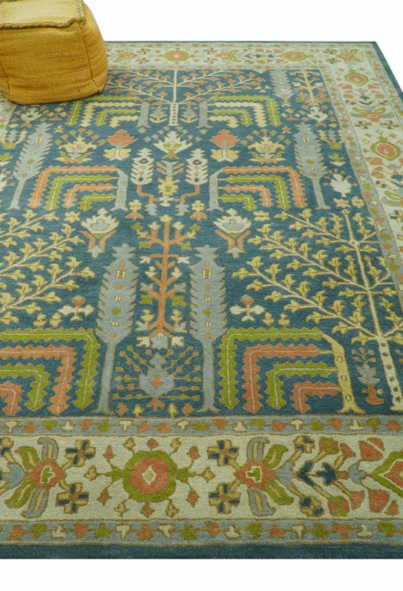 Custom Made Tree of Life Beige And Teal Floral Design Hand Tufted  Wool Area Rug - Image 4