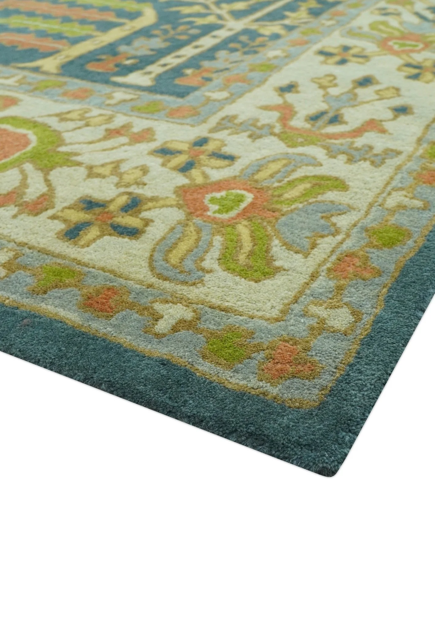 Custom Made Tree of Life Beige And Teal Floral Design Hand Tufted  Wool Area Rug - Image 7