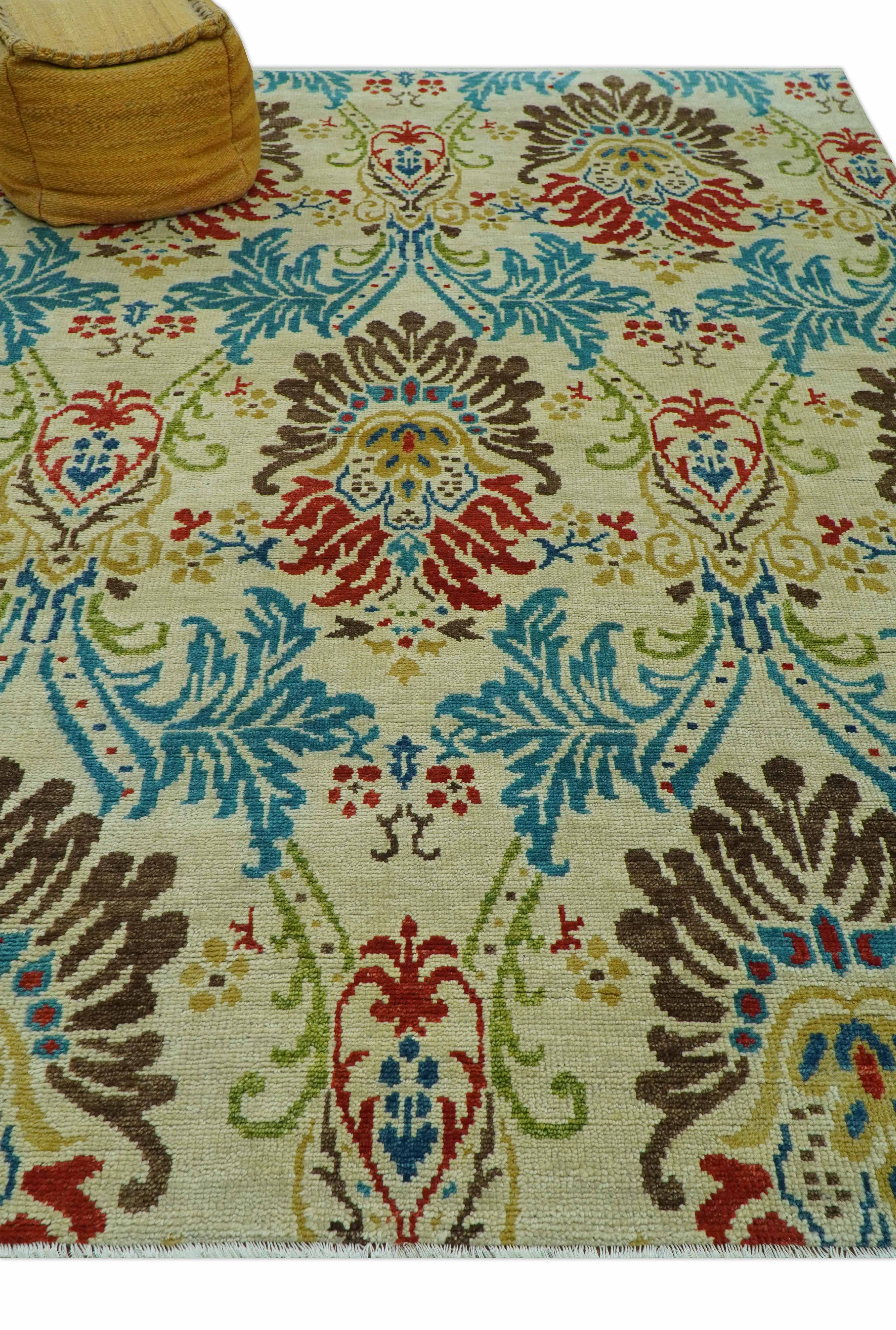 Custom Made Vintage Floral Ikat Design Beige And Blue Hand Knotted Wool Rug - Image 10