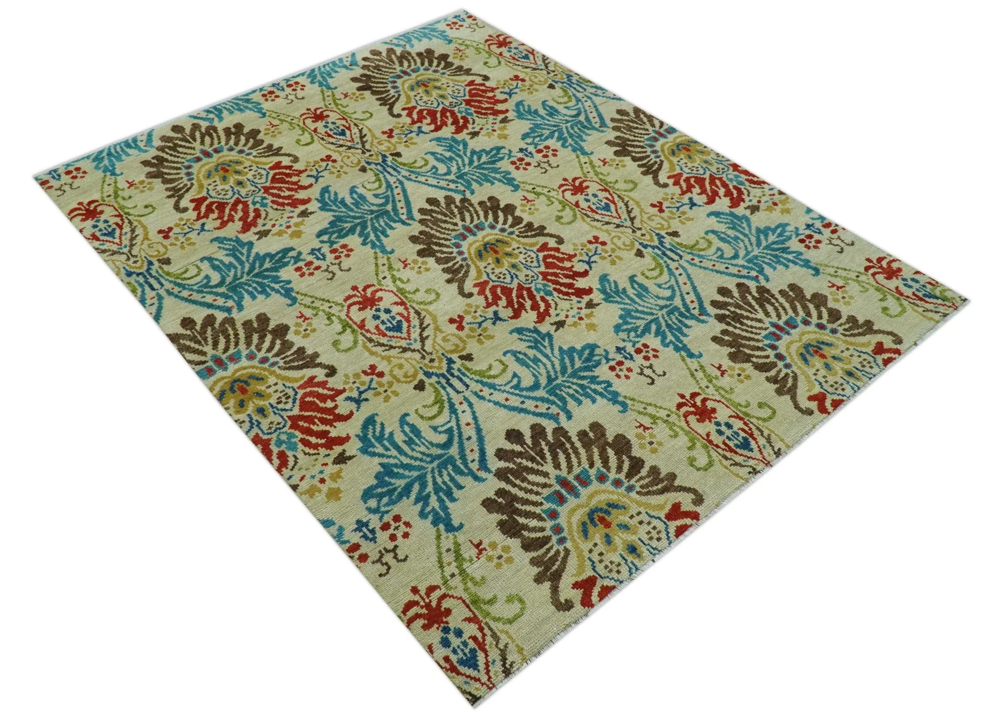 Custom Made Vintage Floral Ikat Design Beige And Blue Hand Knotted Wool Rug - Image 11