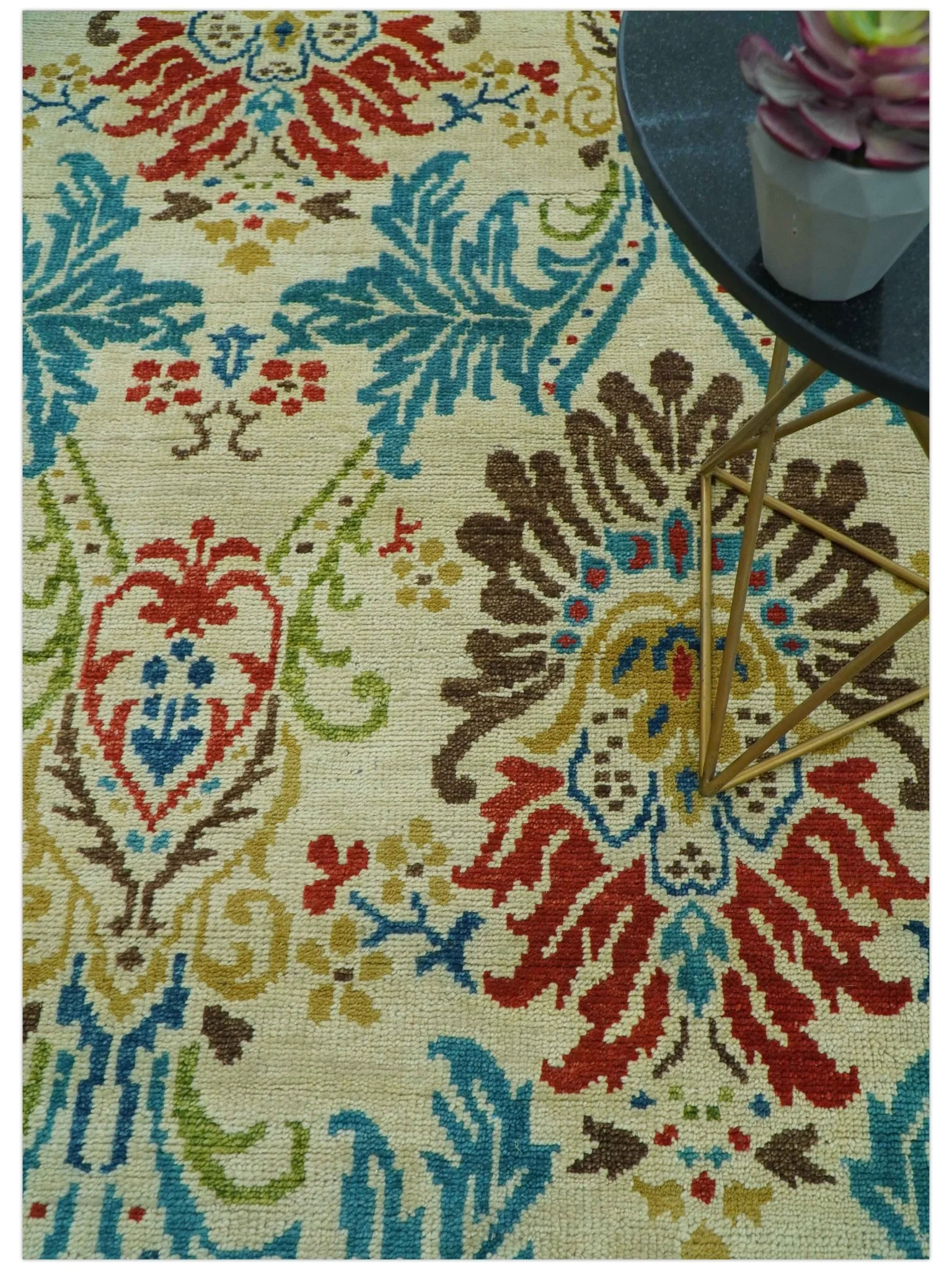 Custom Made Vintage Floral Ikat Design Beige And Blue Hand Knotted Wool Rug - Image 3