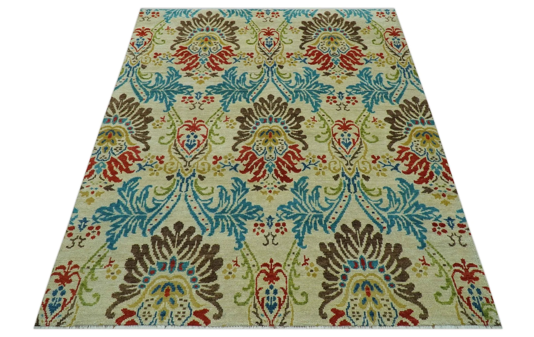 Custom Made Vintage Floral Ikat Design Beige And Blue Hand Knotted Wool Rug - Image 4