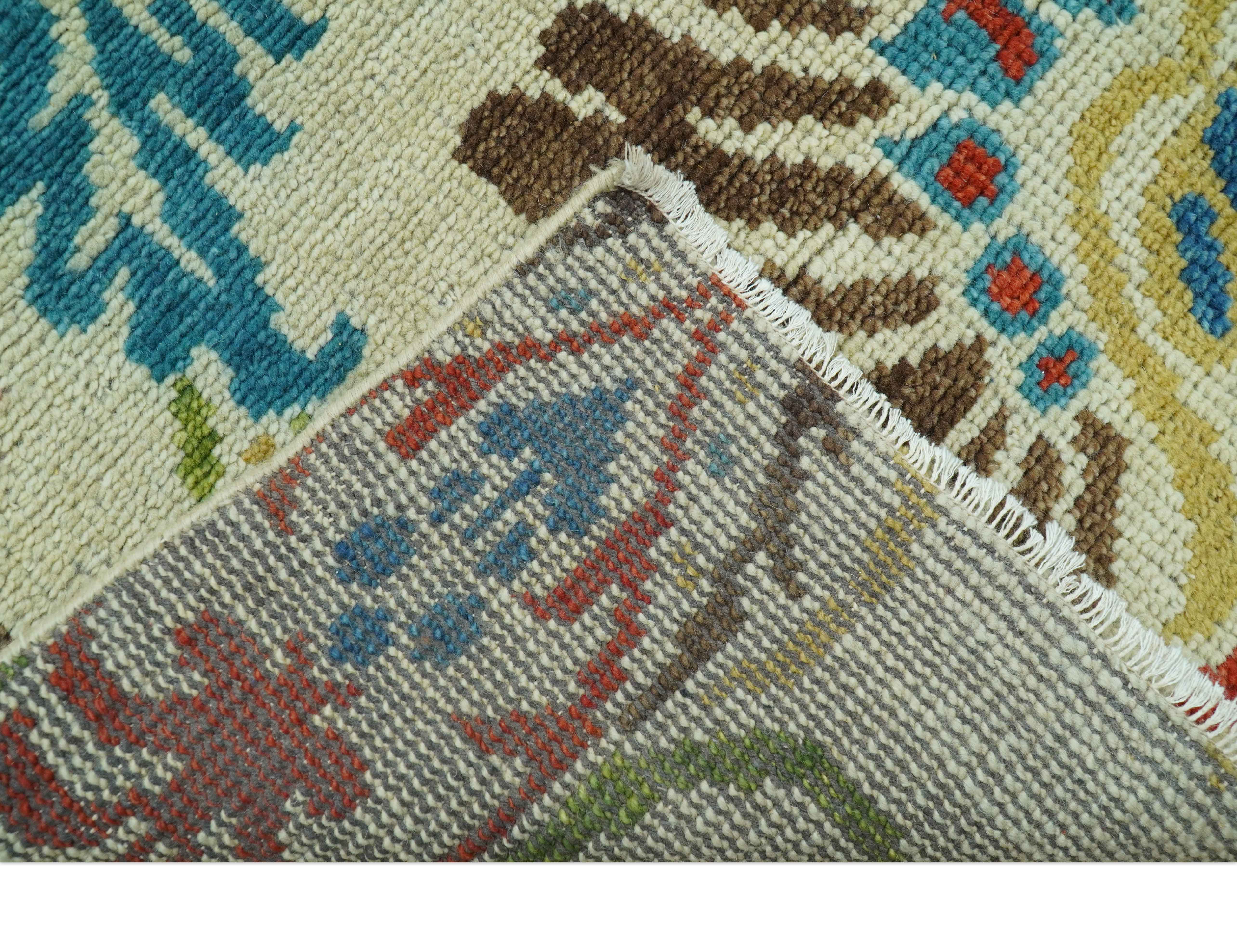 Custom Made Vintage Floral Ikat Design Beige And Blue Hand Knotted Wool Rug - Image 5