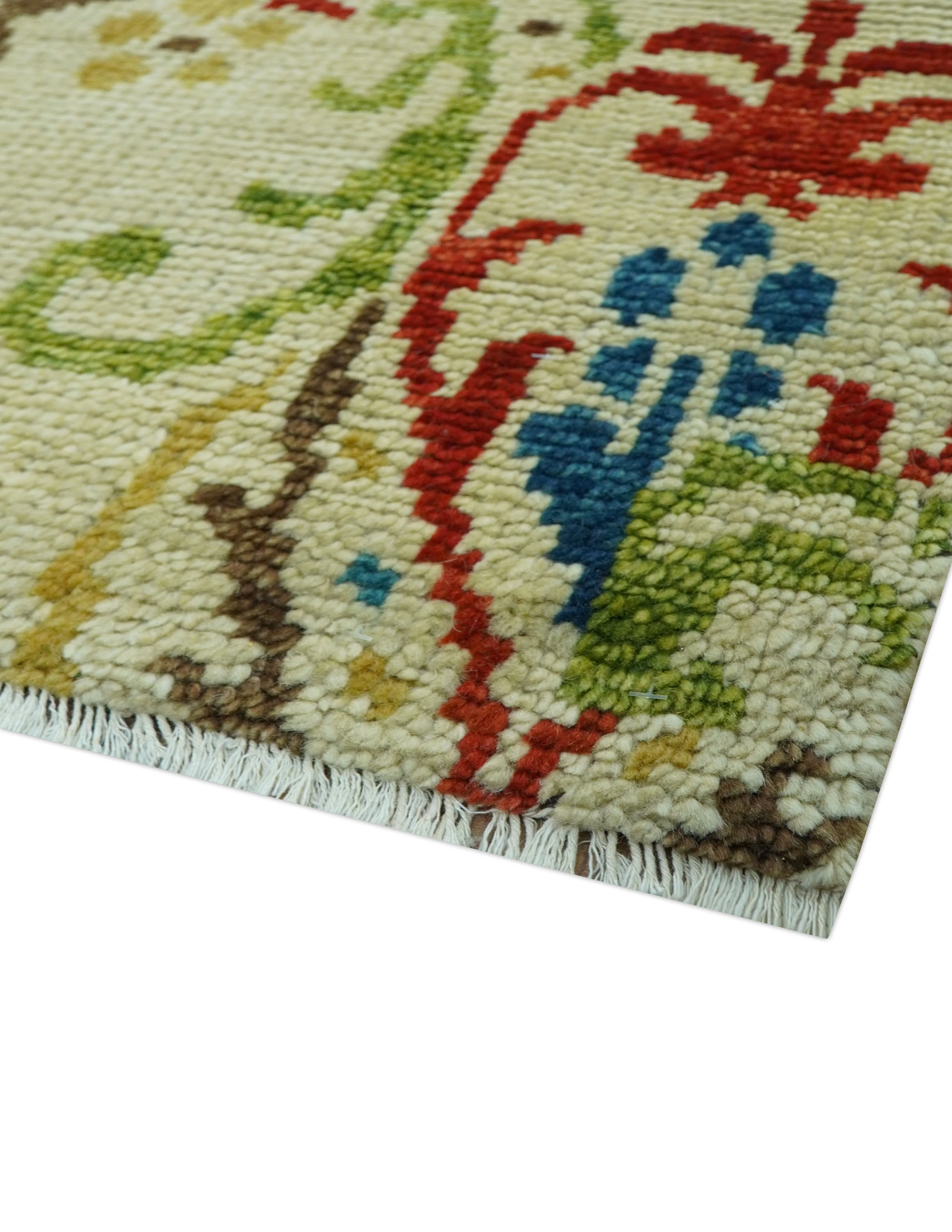 Custom Made Vintage Floral Ikat Design Beige And Blue Hand Knotted Wool Rug - Image 6