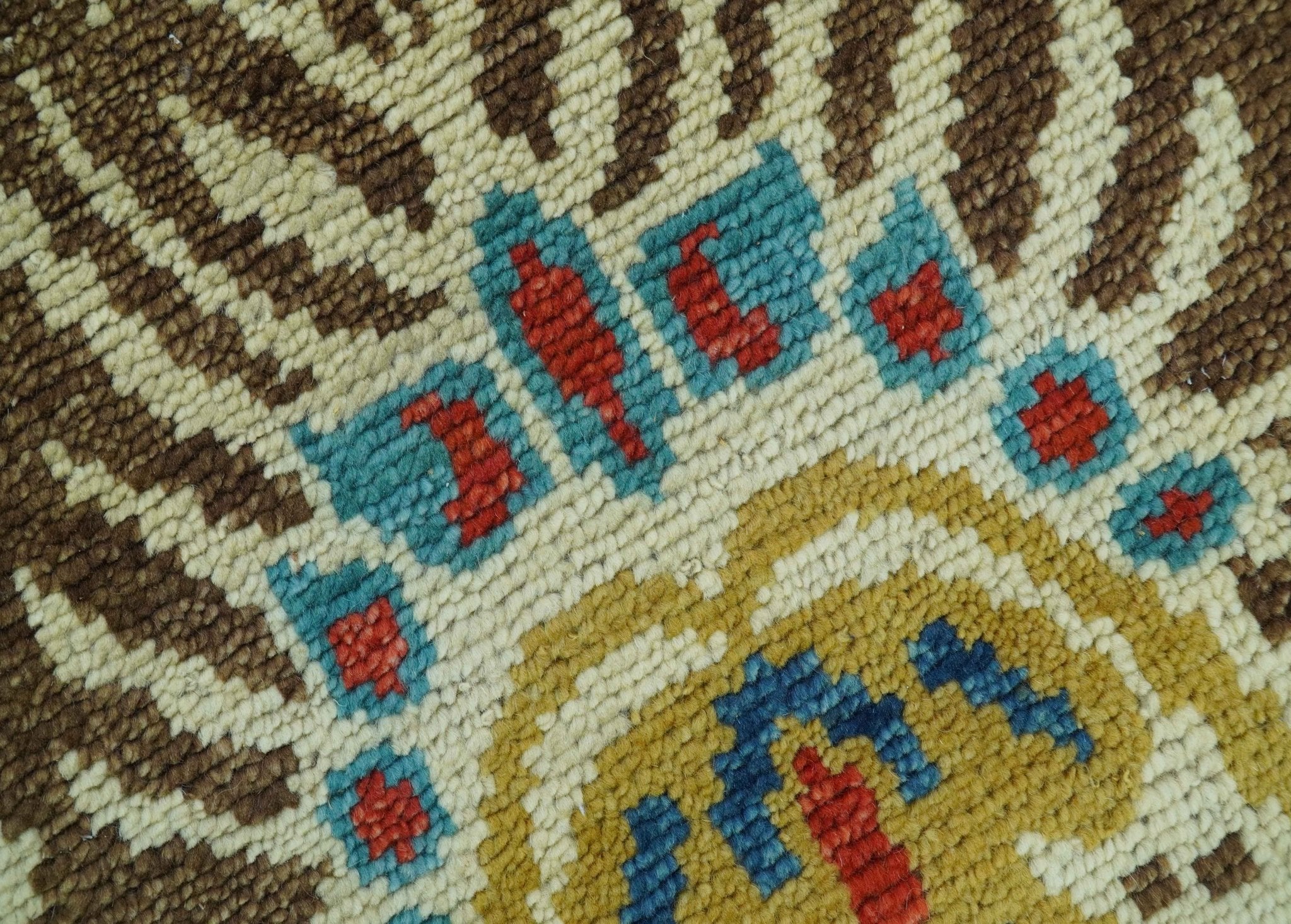 Custom Made Vintage Floral Ikat Design Beige And Blue Hand Knotted Wool Rug - Image 8
