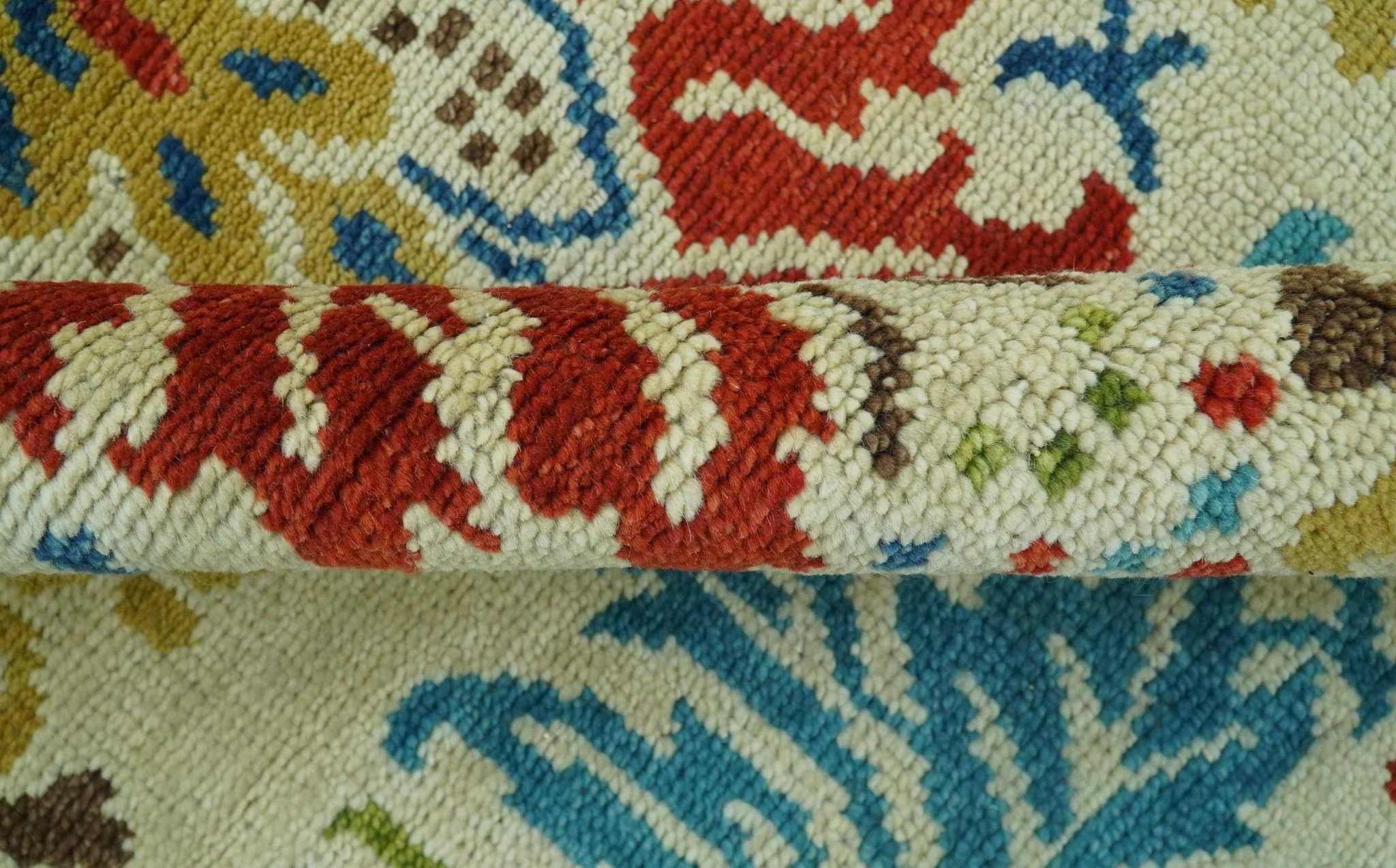Custom Made Vintage Floral Ikat Design Beige And Blue Hand Knotted Wool Rug - Image 9