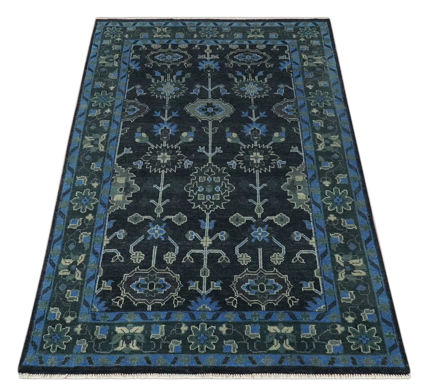 Dark Blue and Beige 5.6x8.6 Hand Knotted Traditional Oushak wool area rug - Image 10