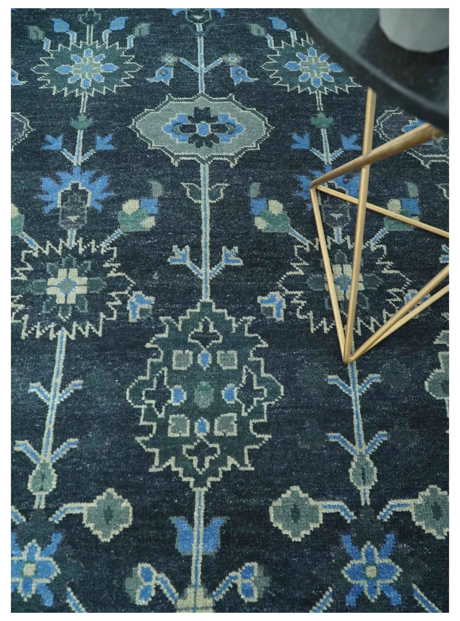 Dark Blue and Beige 5.6x8.6 Hand Knotted Traditional Oushak wool area rug - Image 2