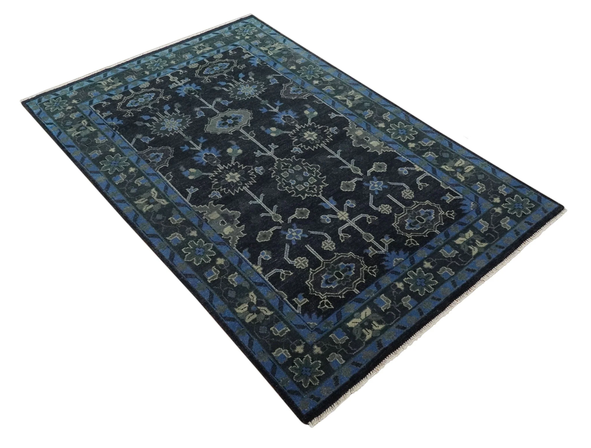 Dark Blue and Beige 5.6x8.6 Hand Knotted Traditional Oushak wool area rug - Image 9