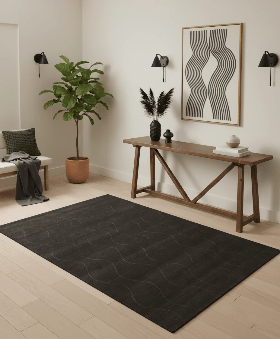 Dark Brown and Ivory Modern Stripes Pattern Hand knotted 5x7 wool and Art Silk Area Rug - Image 2