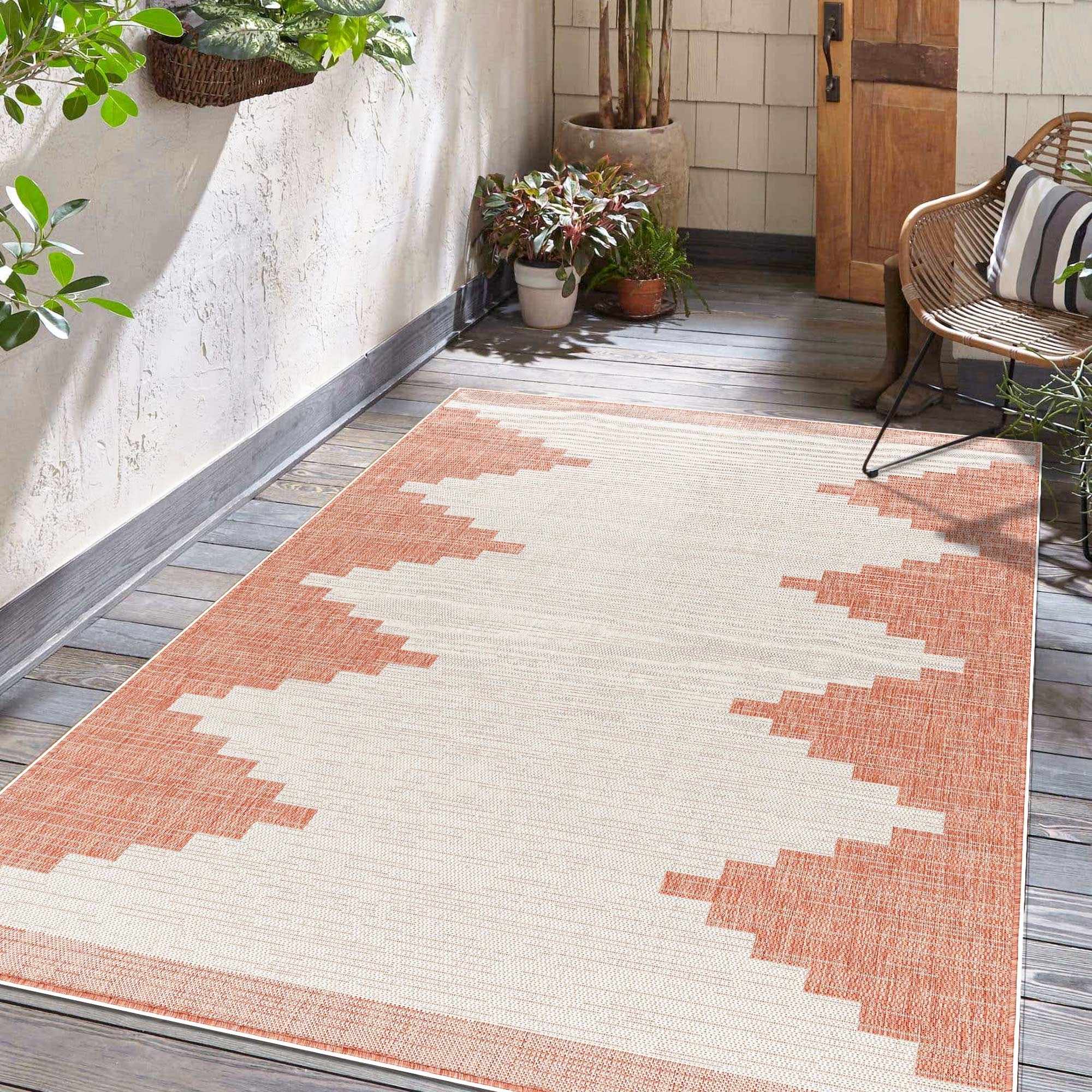 Dark Peach and Ivory Geometrical Indoor & Outdoor Multi Size Area Rug - Image 2