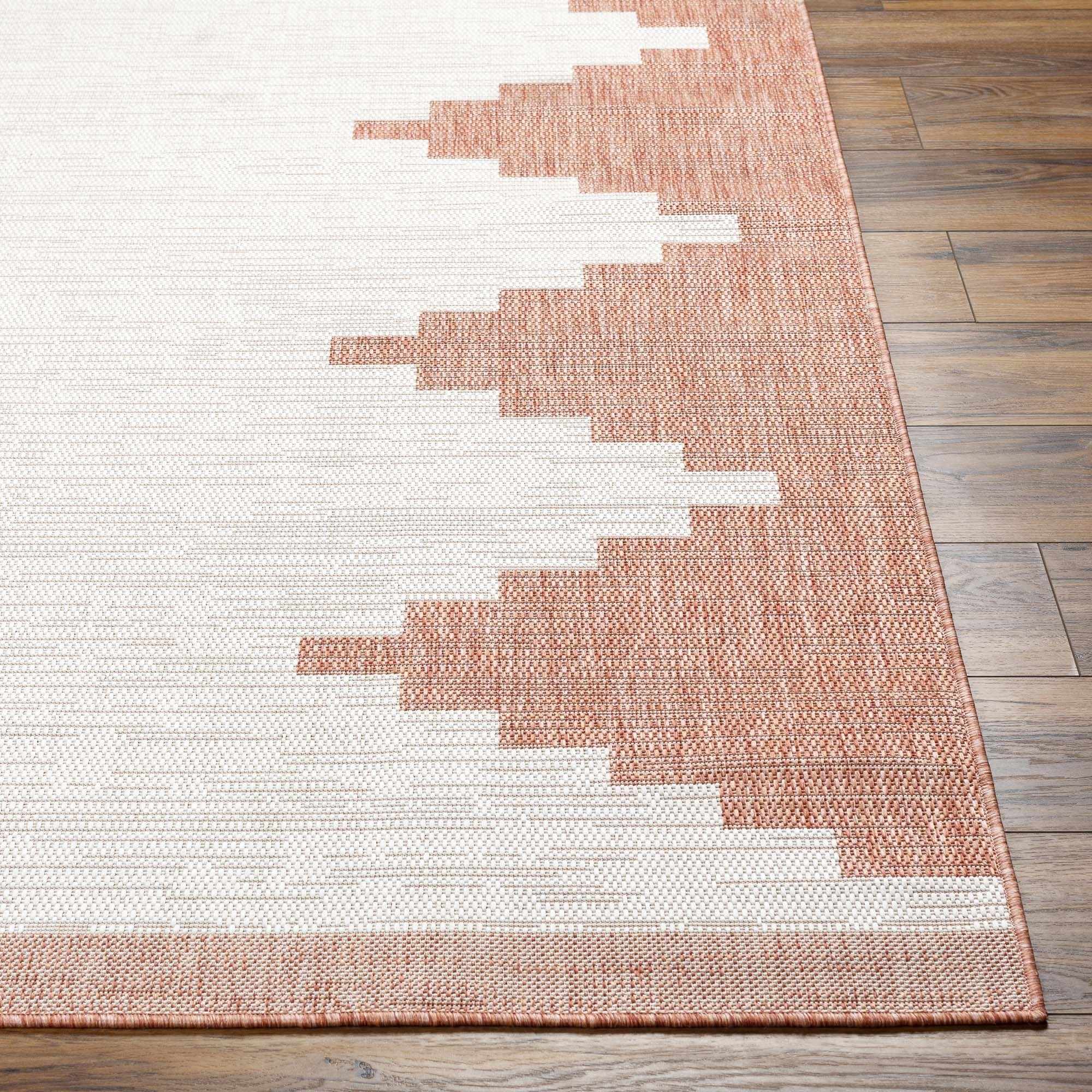 Dark Peach and Ivory Geometrical Indoor & Outdoor Multi Size Area Rug - Image 3