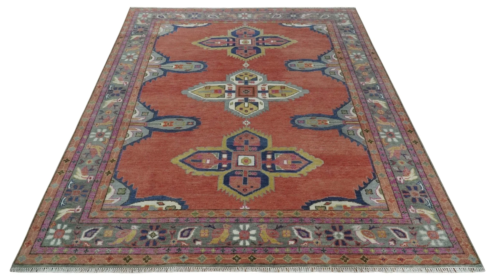 Custom Made Hand Knotted Dark Peach and Silver Traditional Wool Rug - Image 10