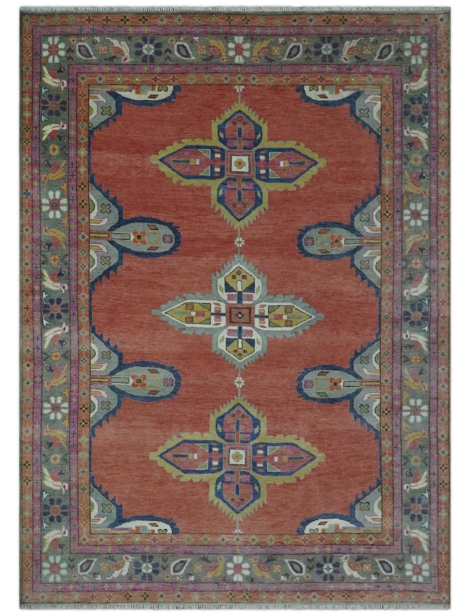 Custom Made Hand Knotted Dark Peach and Silver Traditional Wool Rug - Image 11