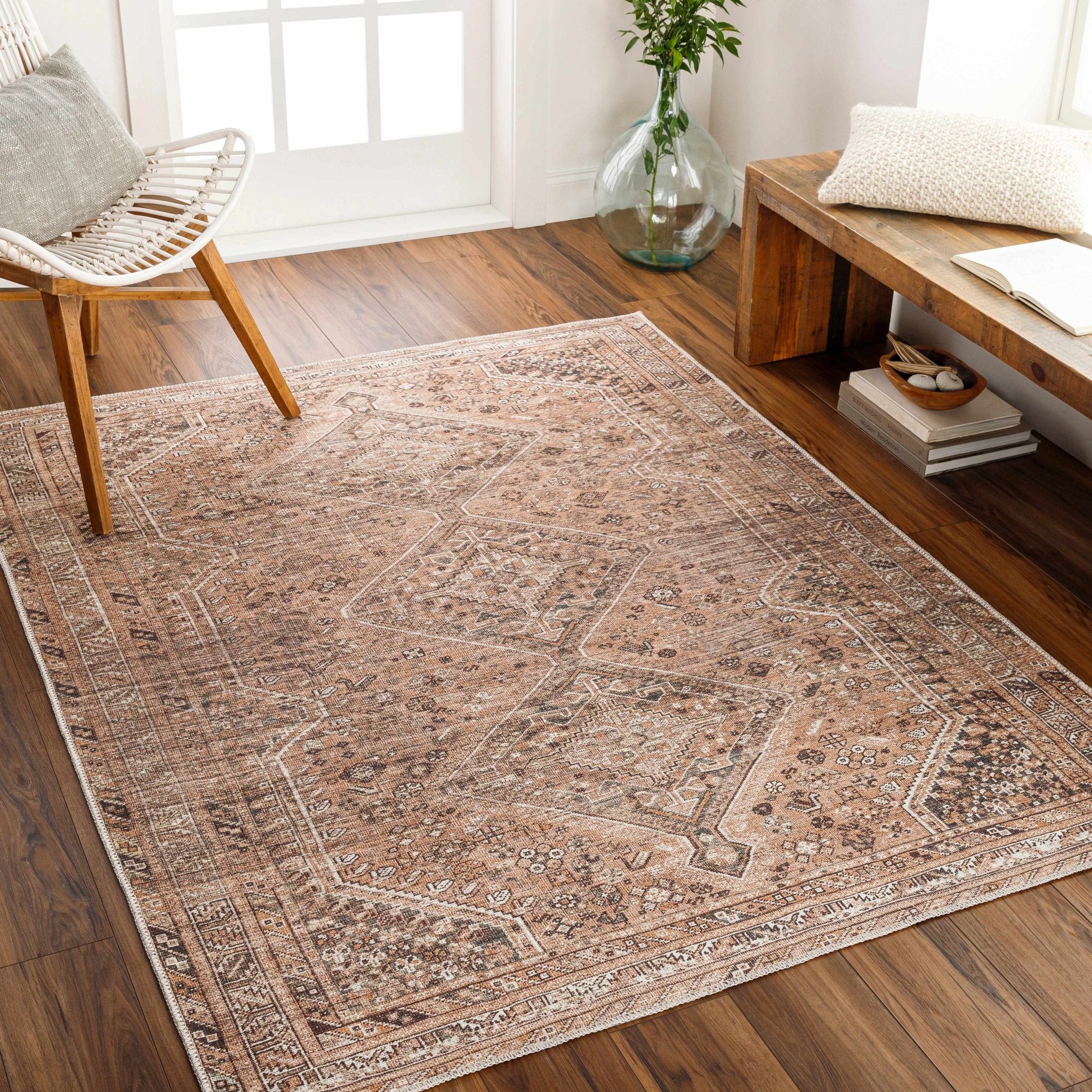 Dark Peach, Ivory and Charcoal Transitional Washable Area Rug - Image 2