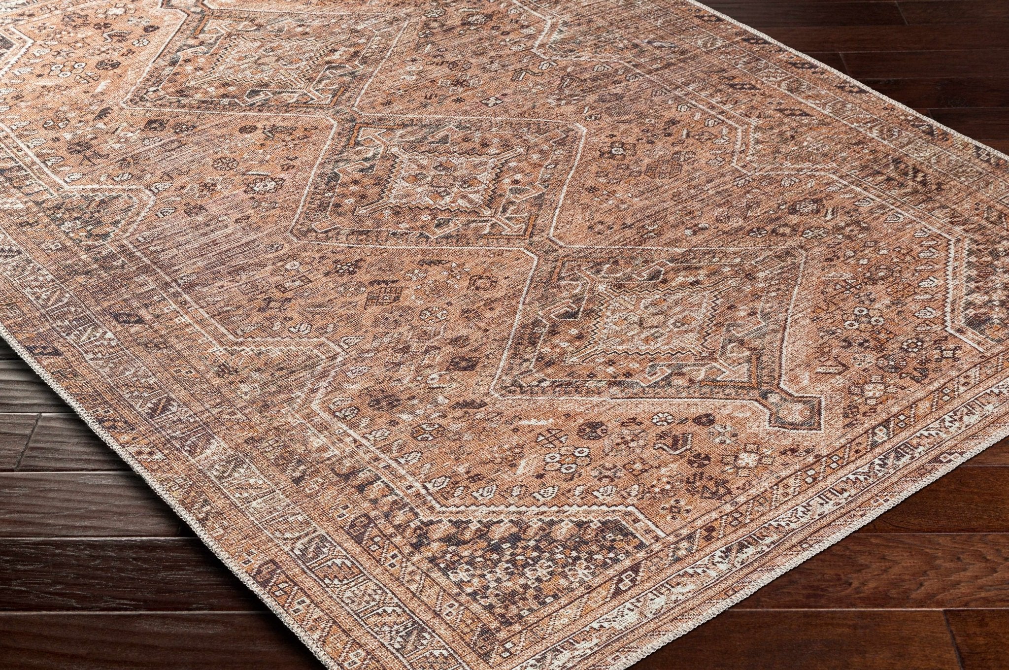Dark Peach, Ivory and Charcoal Transitional Washable Area Rug - Image 4