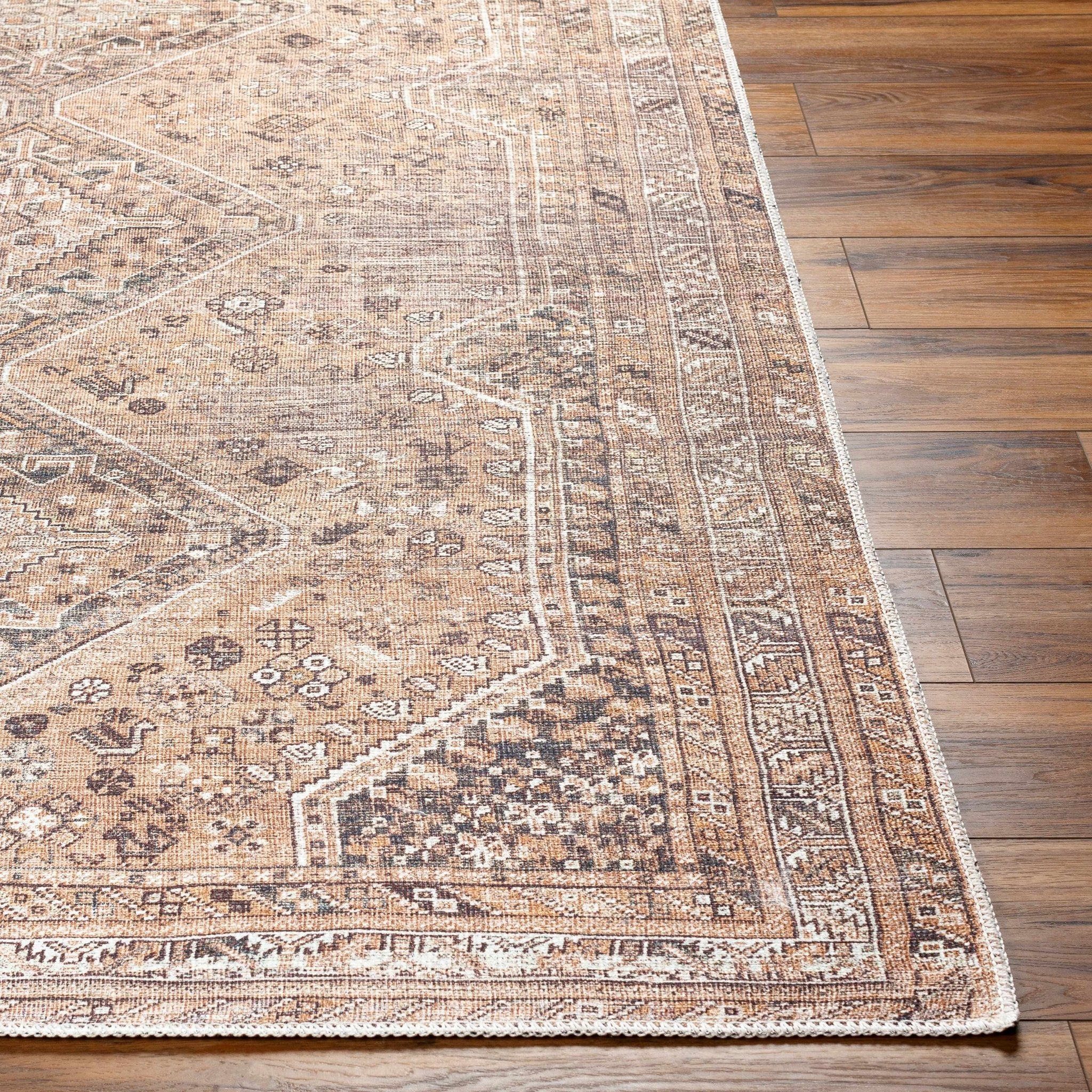 Dark Peach, Ivory and Charcoal Transitional Washable Area Rug - Image 6
