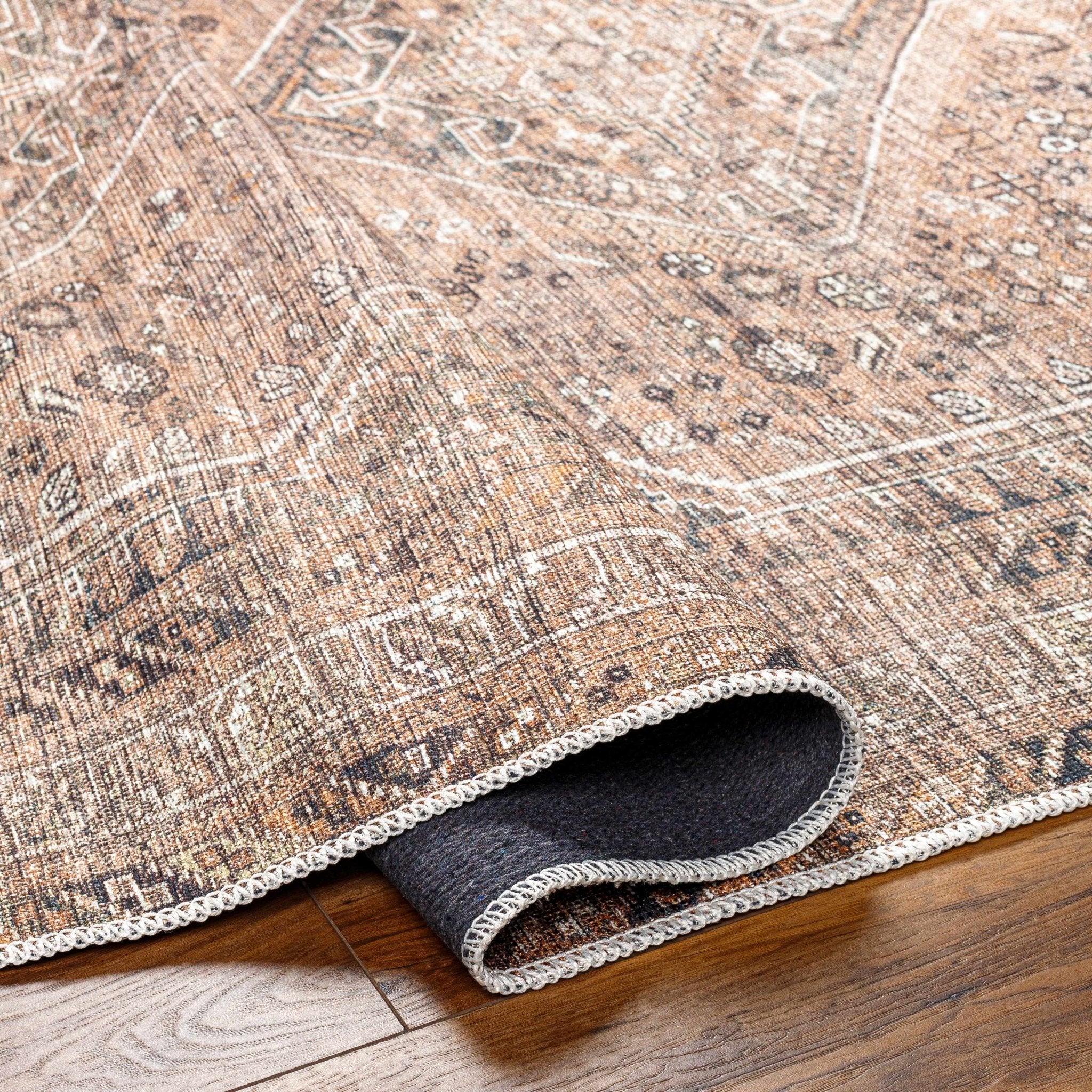 Dark Peach, Ivory and Charcoal Transitional Washable Area Rug - Image 7