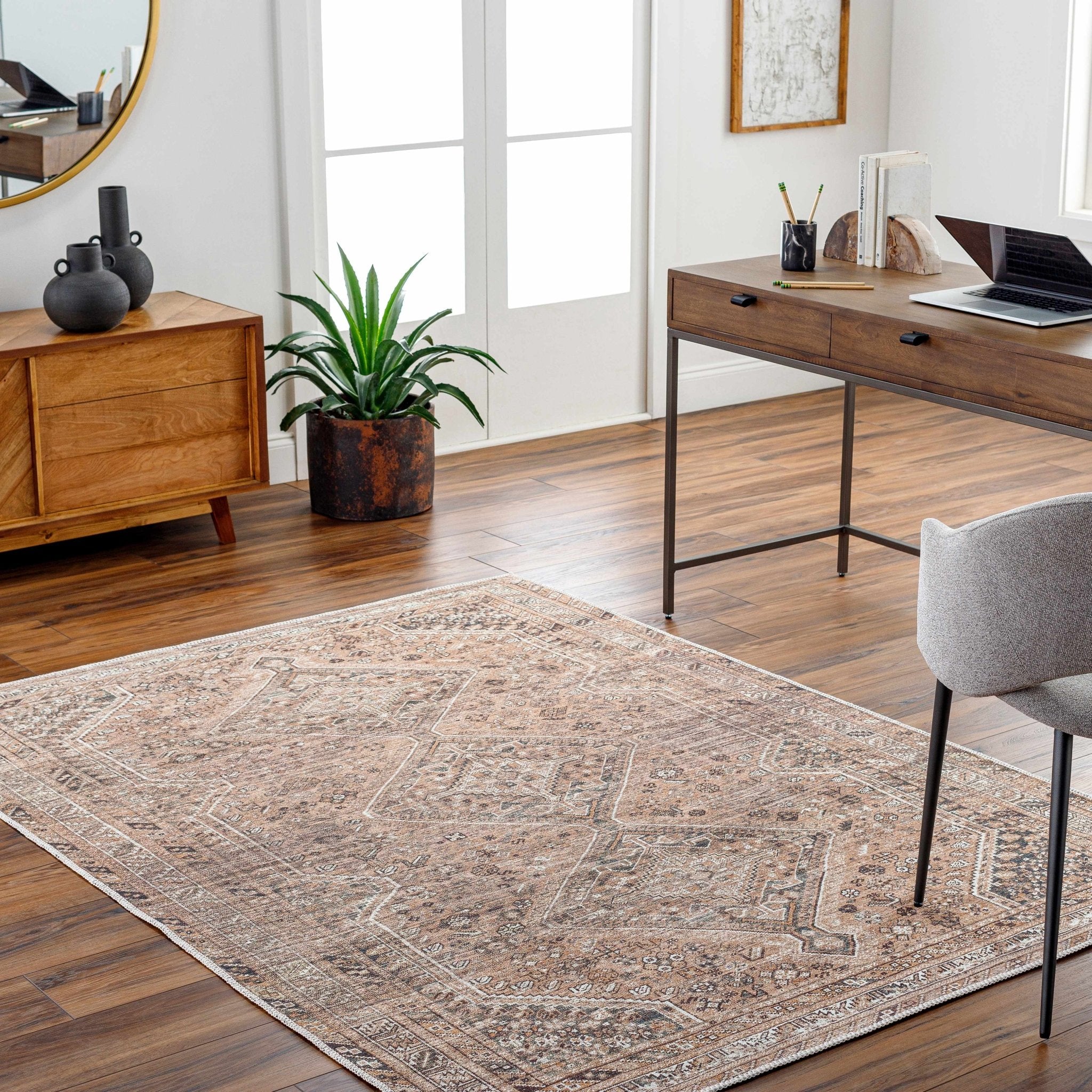 Dark Peach, Ivory and Charcoal Transitional Washable Area Rug - Image 9