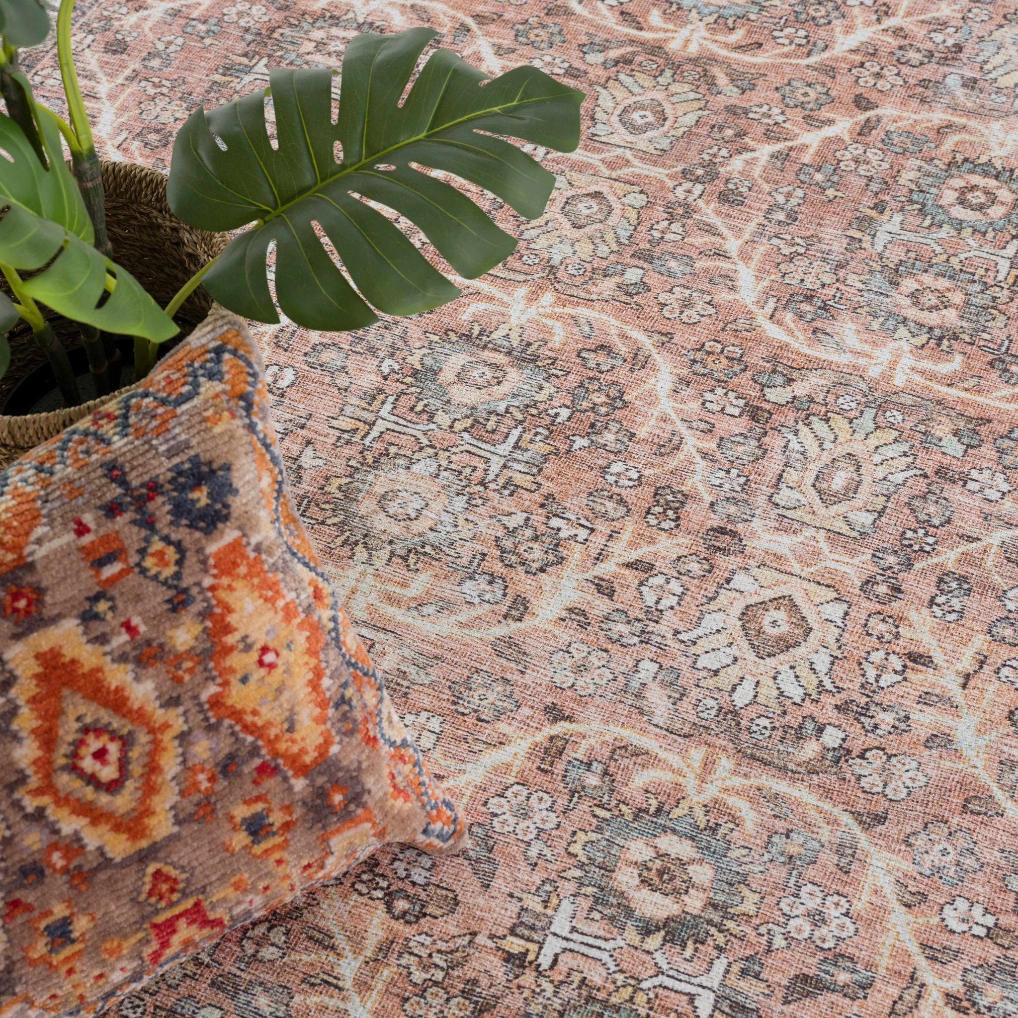 Traditional Oriental Intricate Design Dark Peach, Ivory, Beige and Charcoal Washable Area Rug - Image 12