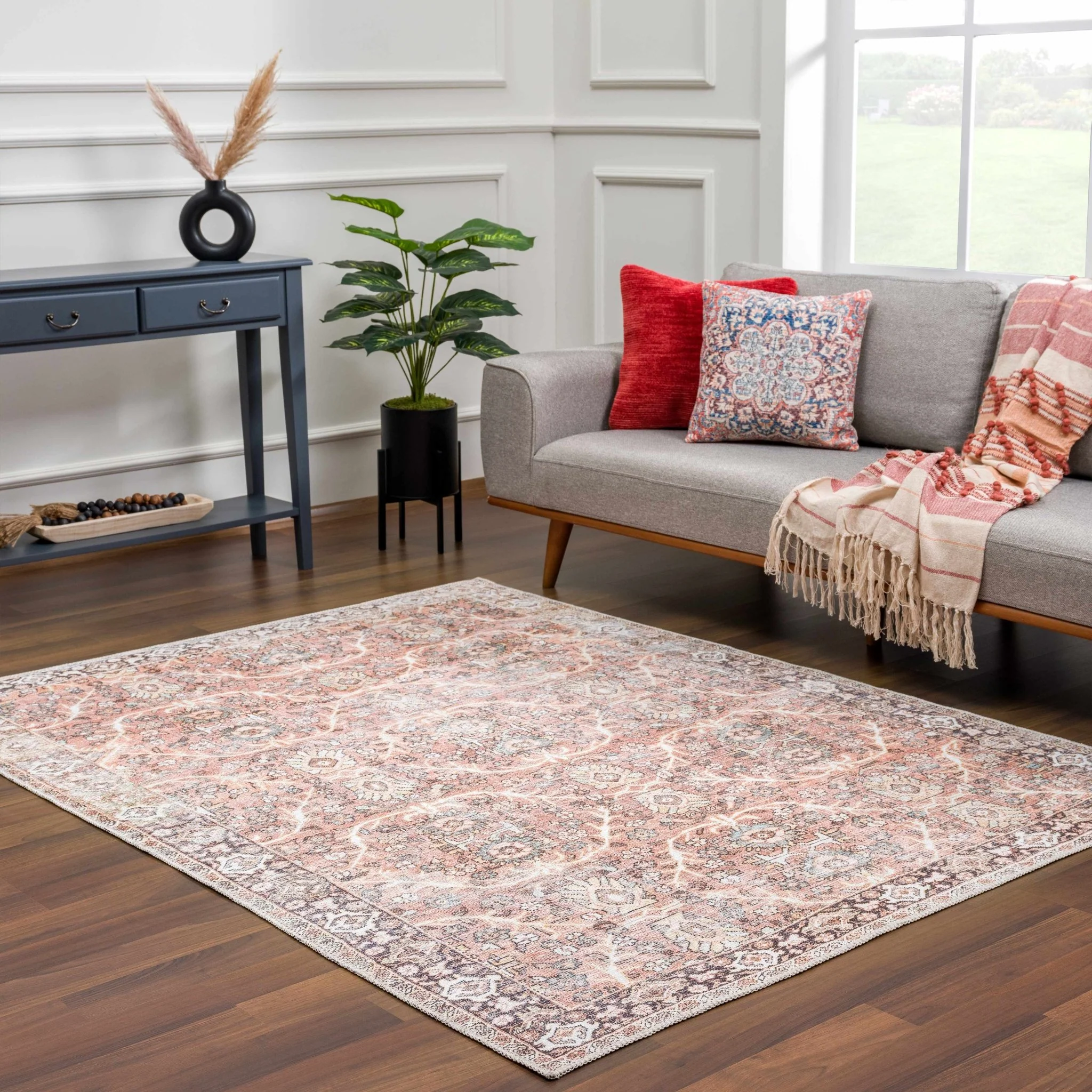 Traditional Oriental Intricate Design Dark Peach, Ivory, Beige and Charcoal Washable Area Rug - Image 14
