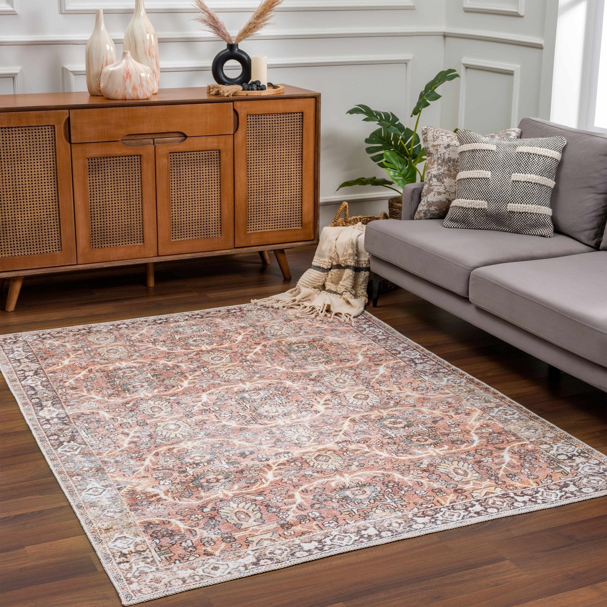 Traditional Oriental Intricate Design Dark Peach, Ivory, Beige and Charcoal Washable Area Rug - Image 15