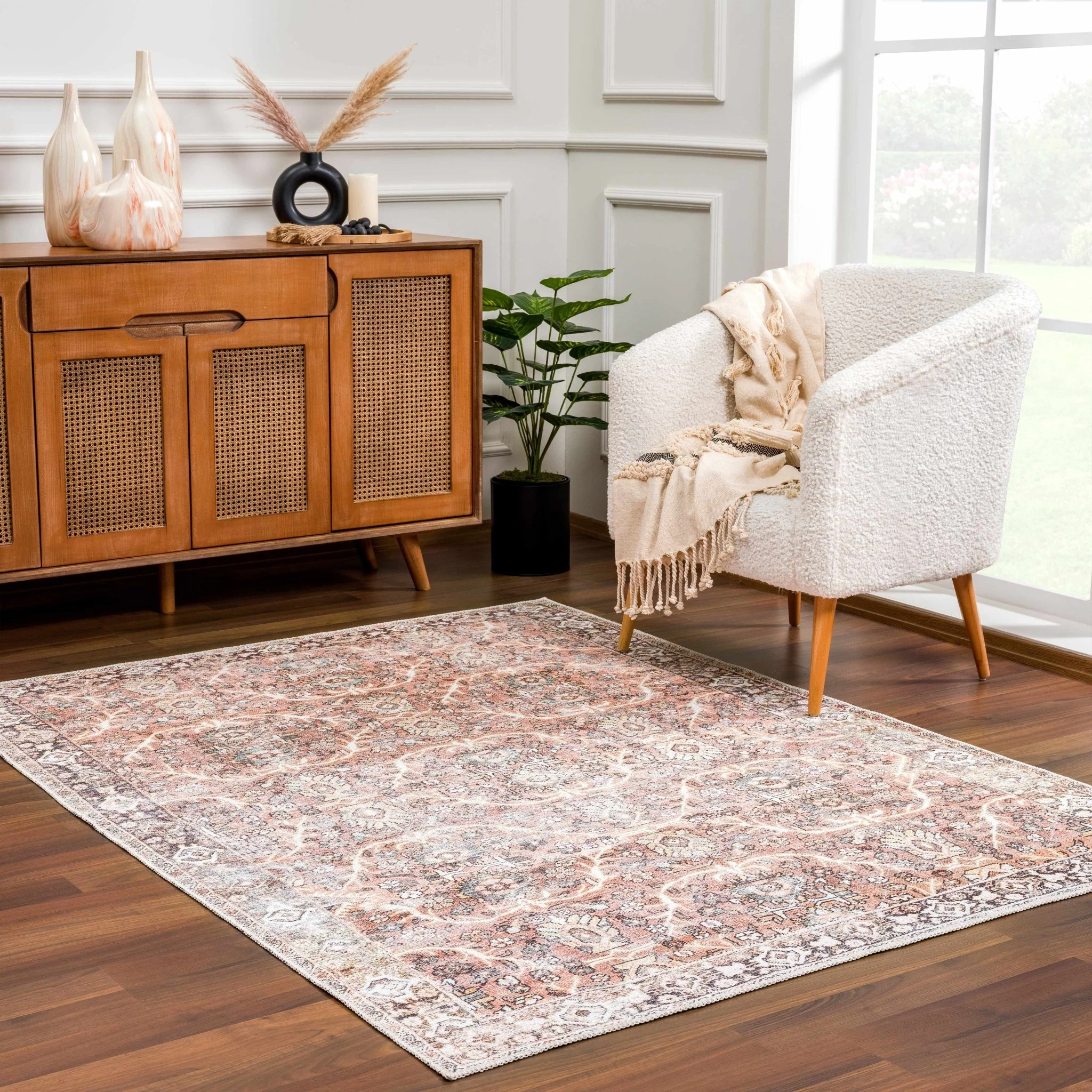 Traditional Oriental Intricate Design Dark Peach, Ivory, Beige and Charcoal Washable Area Rug - Image 2