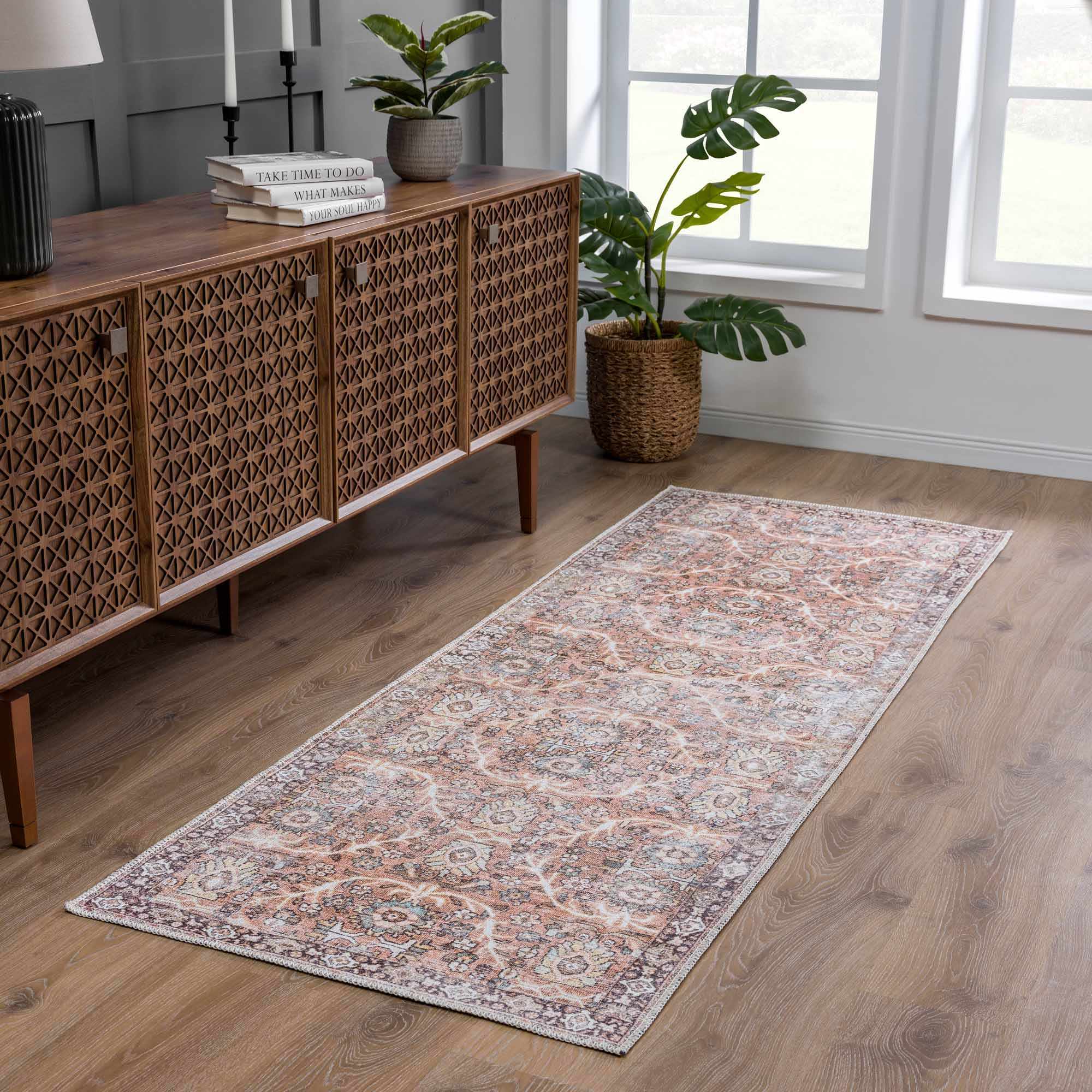 Traditional Oriental Intricate Design Dark Peach, Ivory, Beige and Charcoal Washable Area Rug - Image 3
