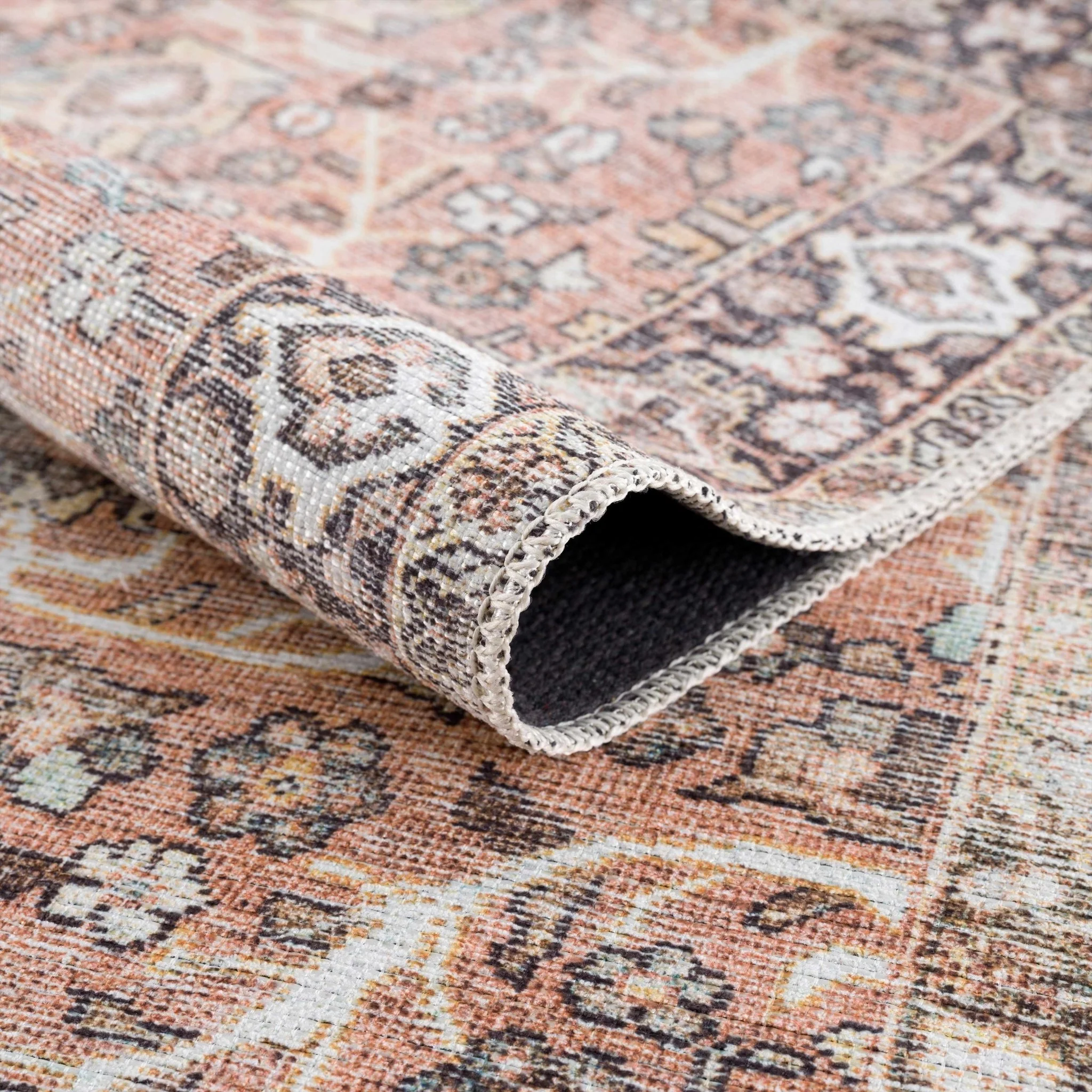 Traditional Oriental Intricate Design Dark Peach, Ivory, Beige and Charcoal Washable Area Rug - Image 6