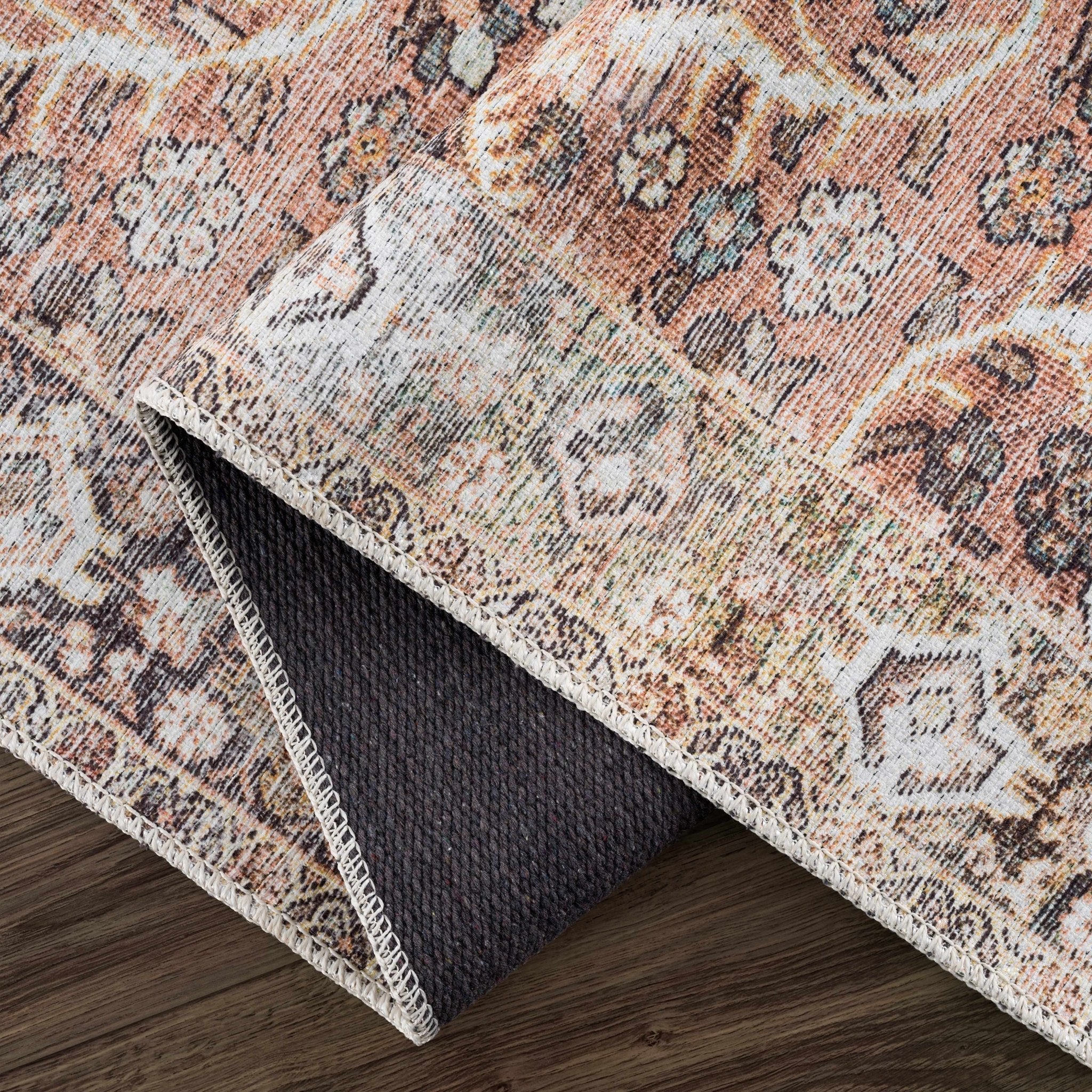 Traditional Oriental Intricate Design Dark Peach, Ivory, Beige and Charcoal Washable Area Rug - Image 7