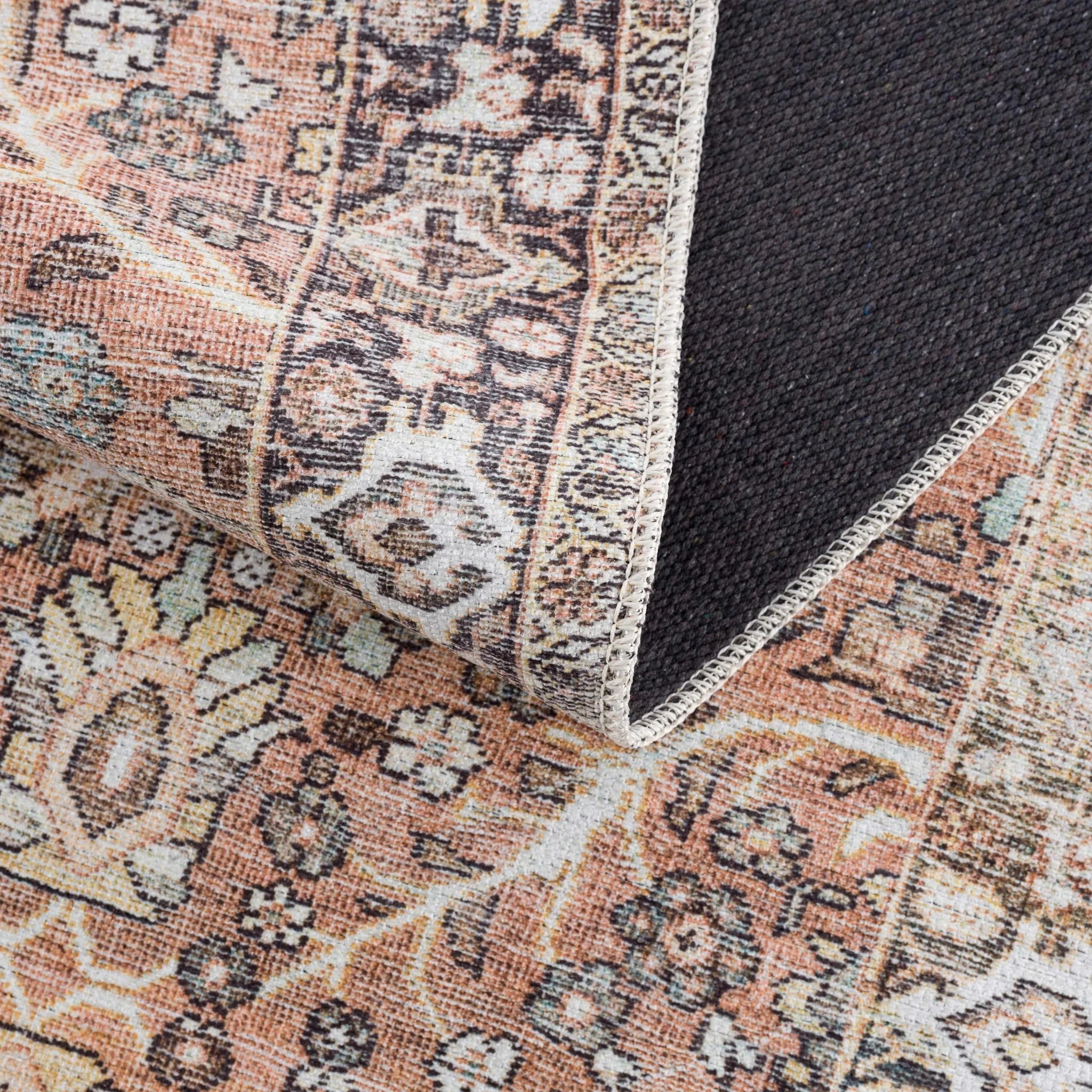 Traditional Oriental Intricate Design Dark Peach, Ivory, Beige and Charcoal Washable Area Rug - Image 8