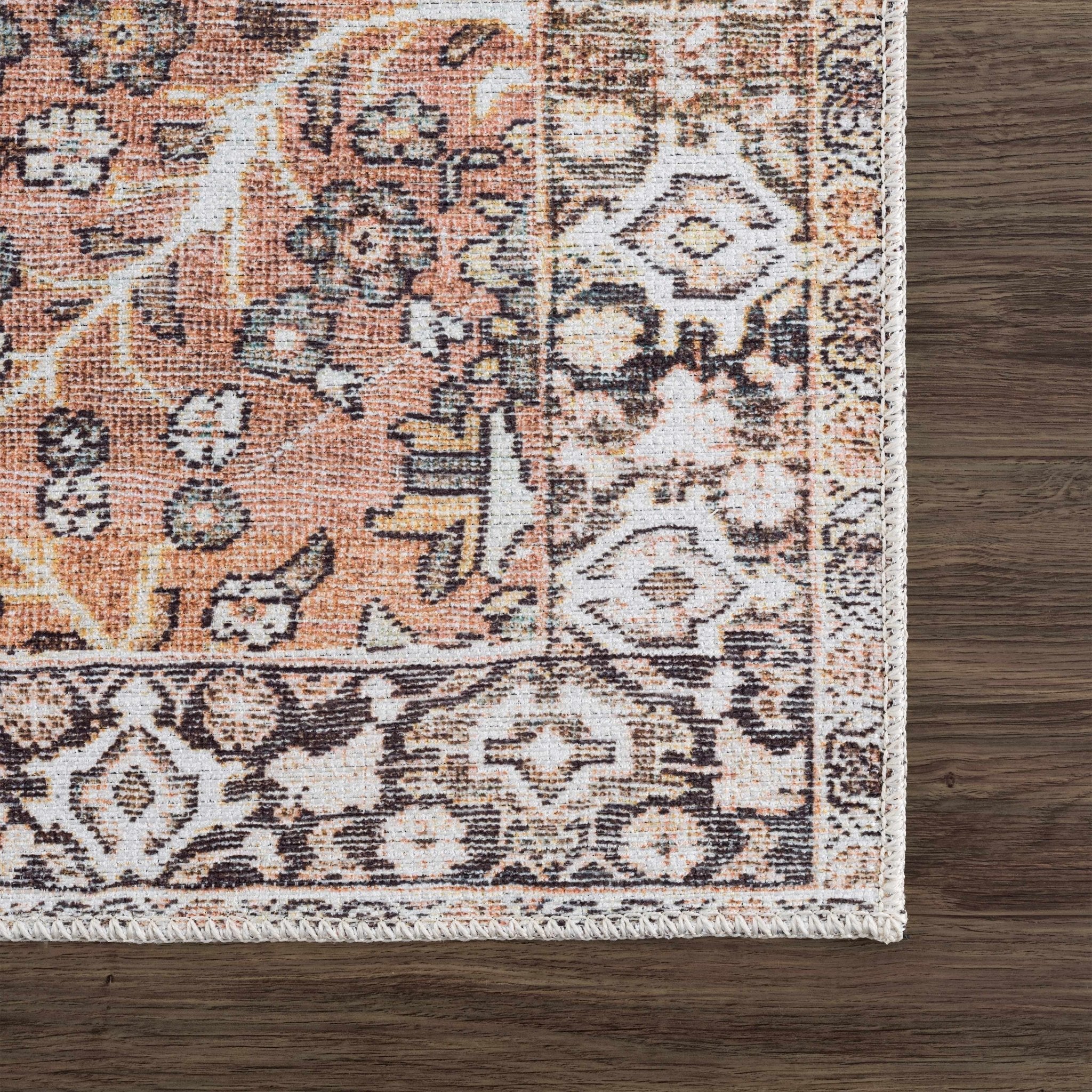 Traditional Oriental Intricate Design Dark Peach, Ivory, Beige and Charcoal Washable Area Rug - Image 9