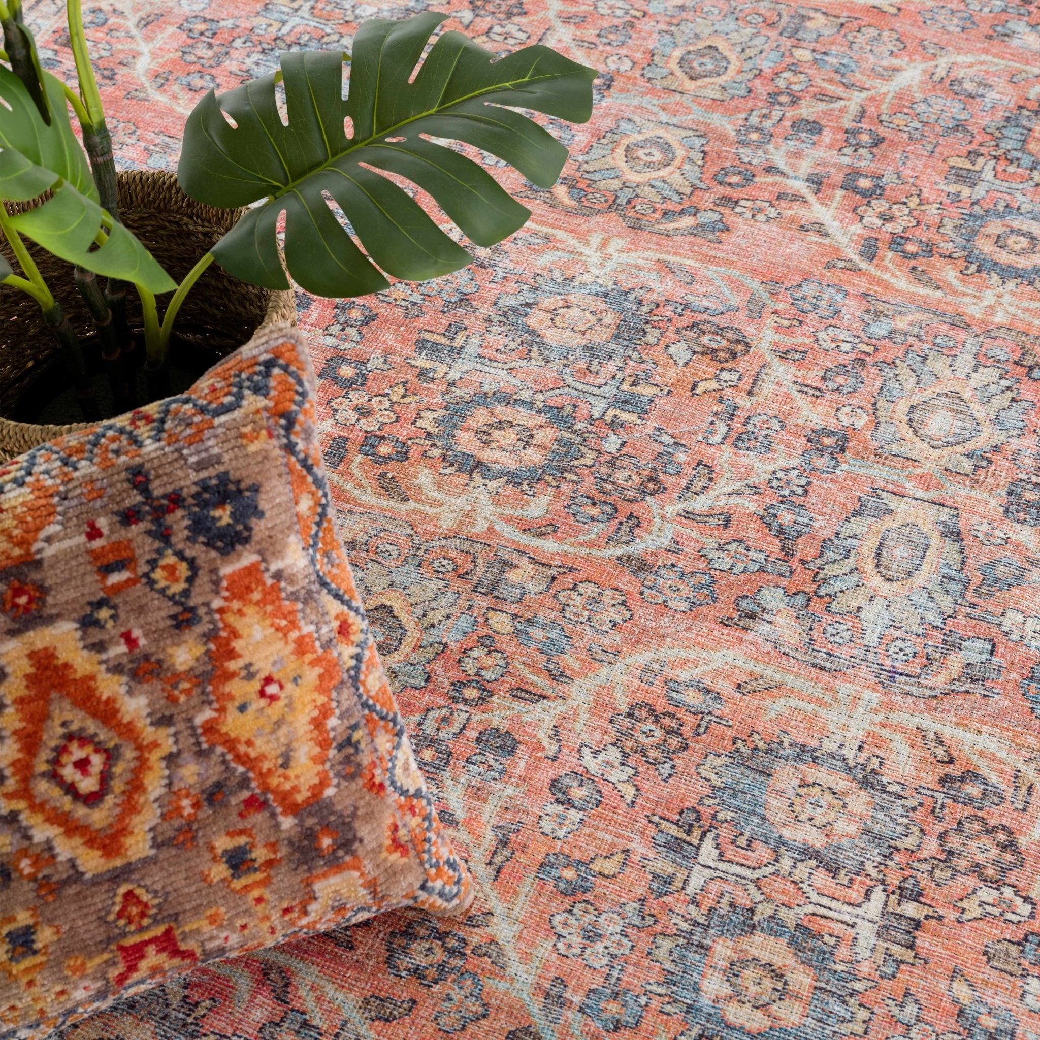 Vintage Style Dark Peach, Purple and Beige Traditional Design Washable Area Rug - Image 12